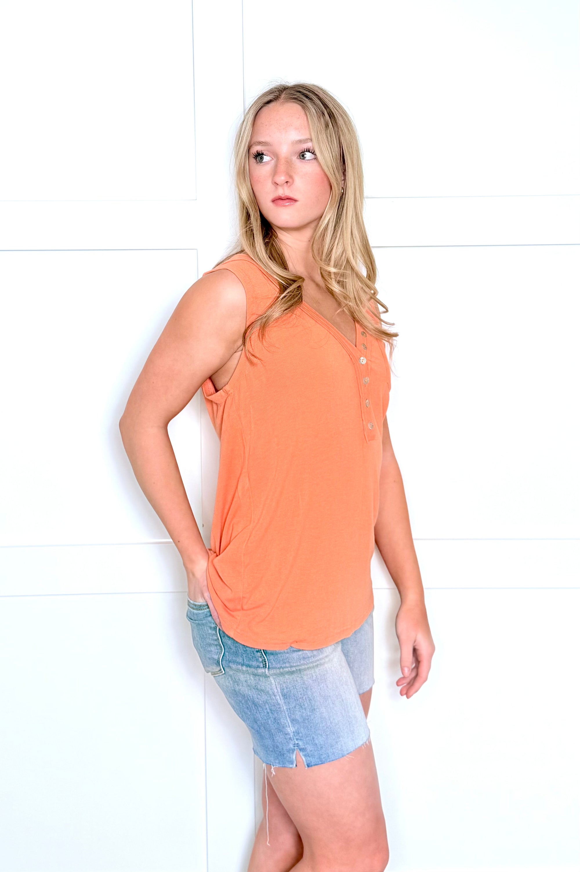 Pol Mango Coral Soft Loose Knit Tank Top