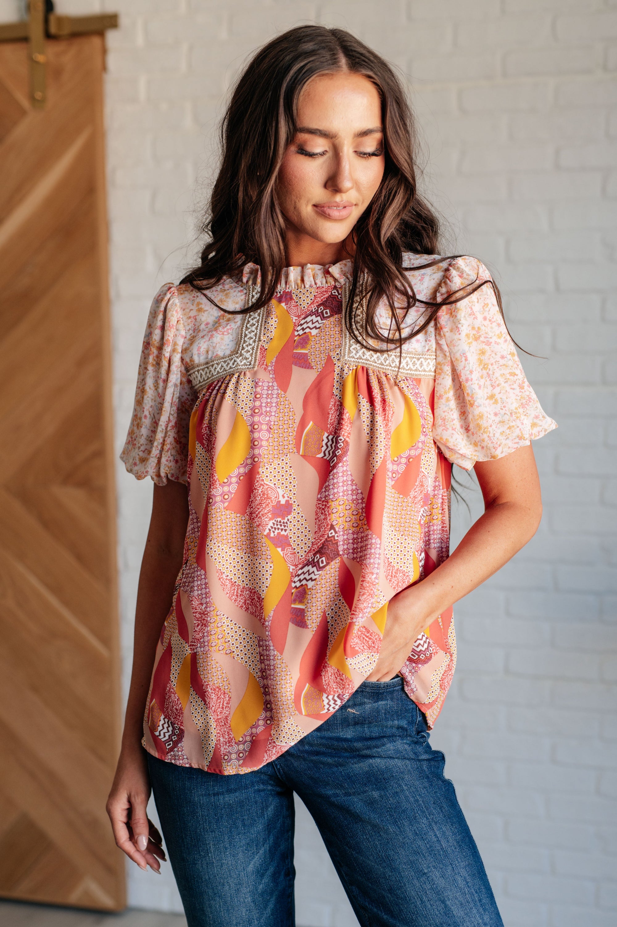 Woven and Chiffon Day Dreamer Mixed Floral Blouse - Boujee Boutique 