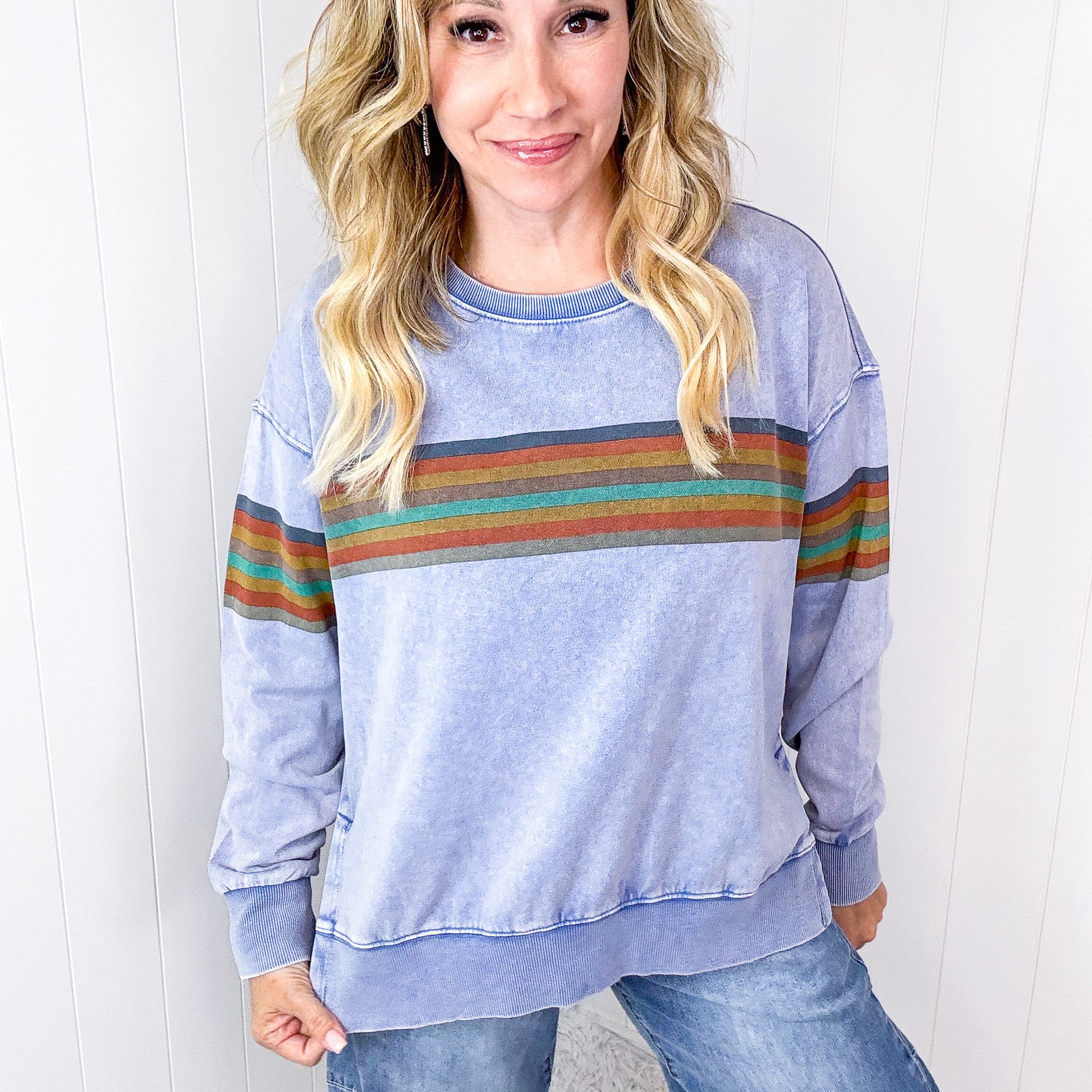 Chips Mixed Color Stripe Printed Mineral Washed Terry Long Sleeve Pullover in 2 Colors - Boujee Boutique 