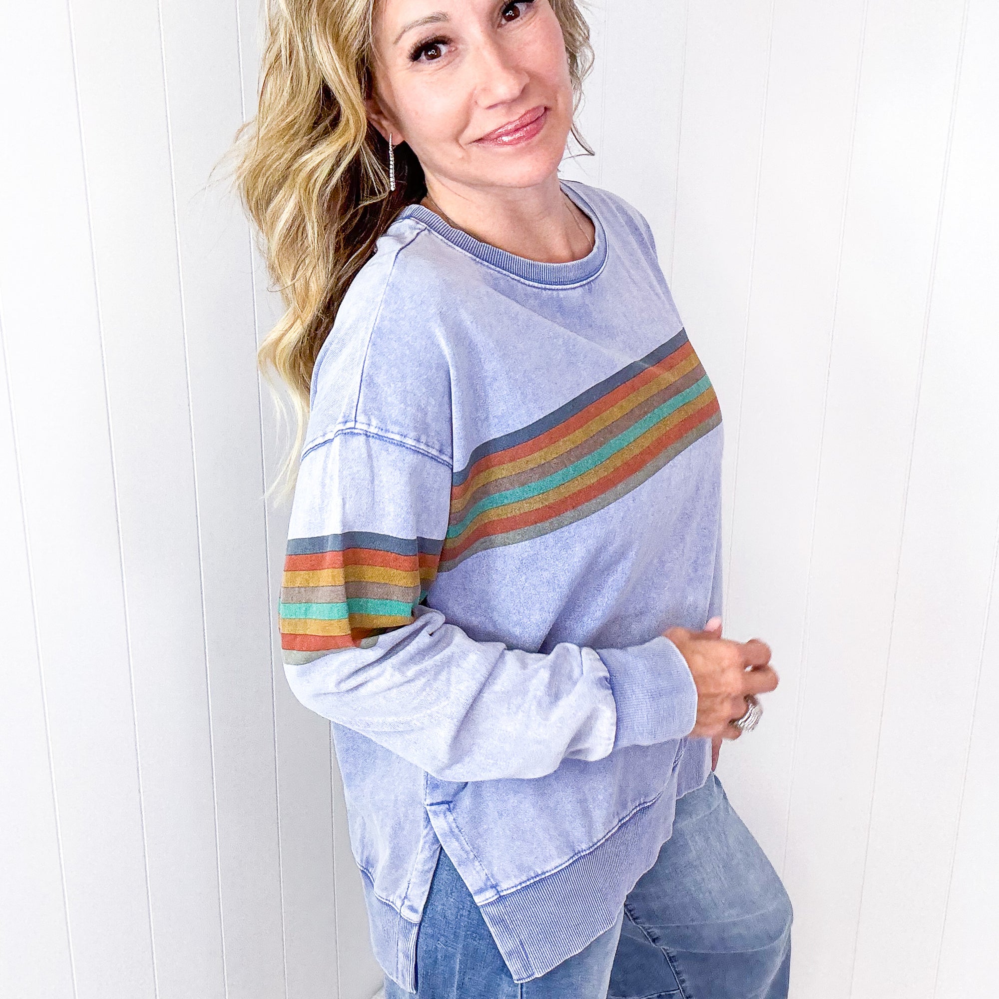 Chips Mixed Color Stripe Printed Mineral Washed Terry Long Sleeve Pullover in 2 Colors - Boujee Boutique 