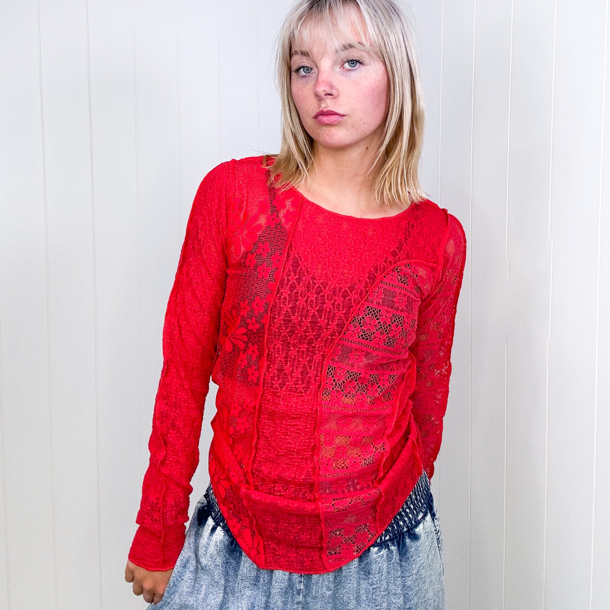 POL Red Sheer Exposed Seam Long Sleeve Lace Knit Top - Boujee Boutique 