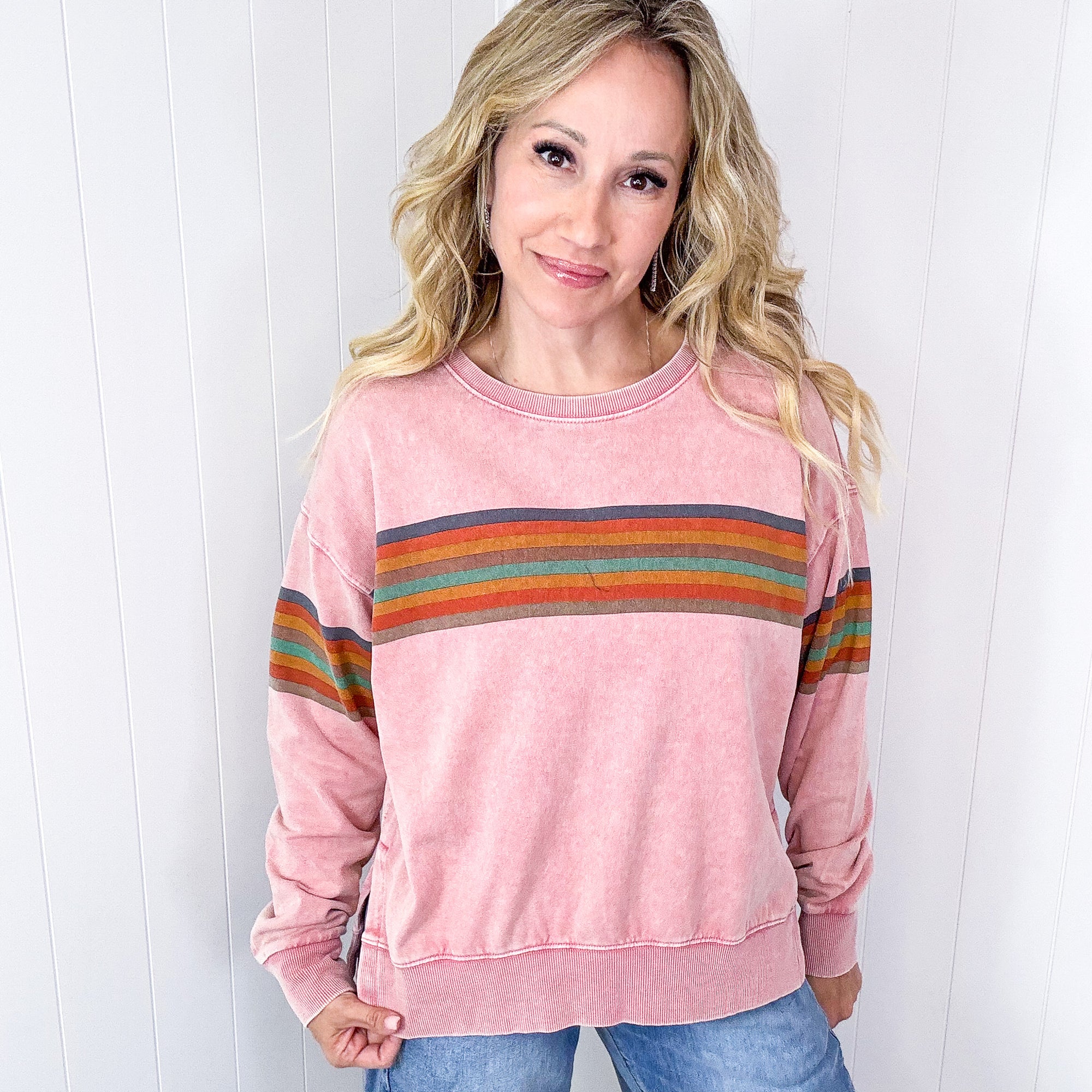 Chips Mixed Color Stripe Printed Mineral Washed Terry Long Sleeve Pullover in 2 Colors - Boujee Boutique 