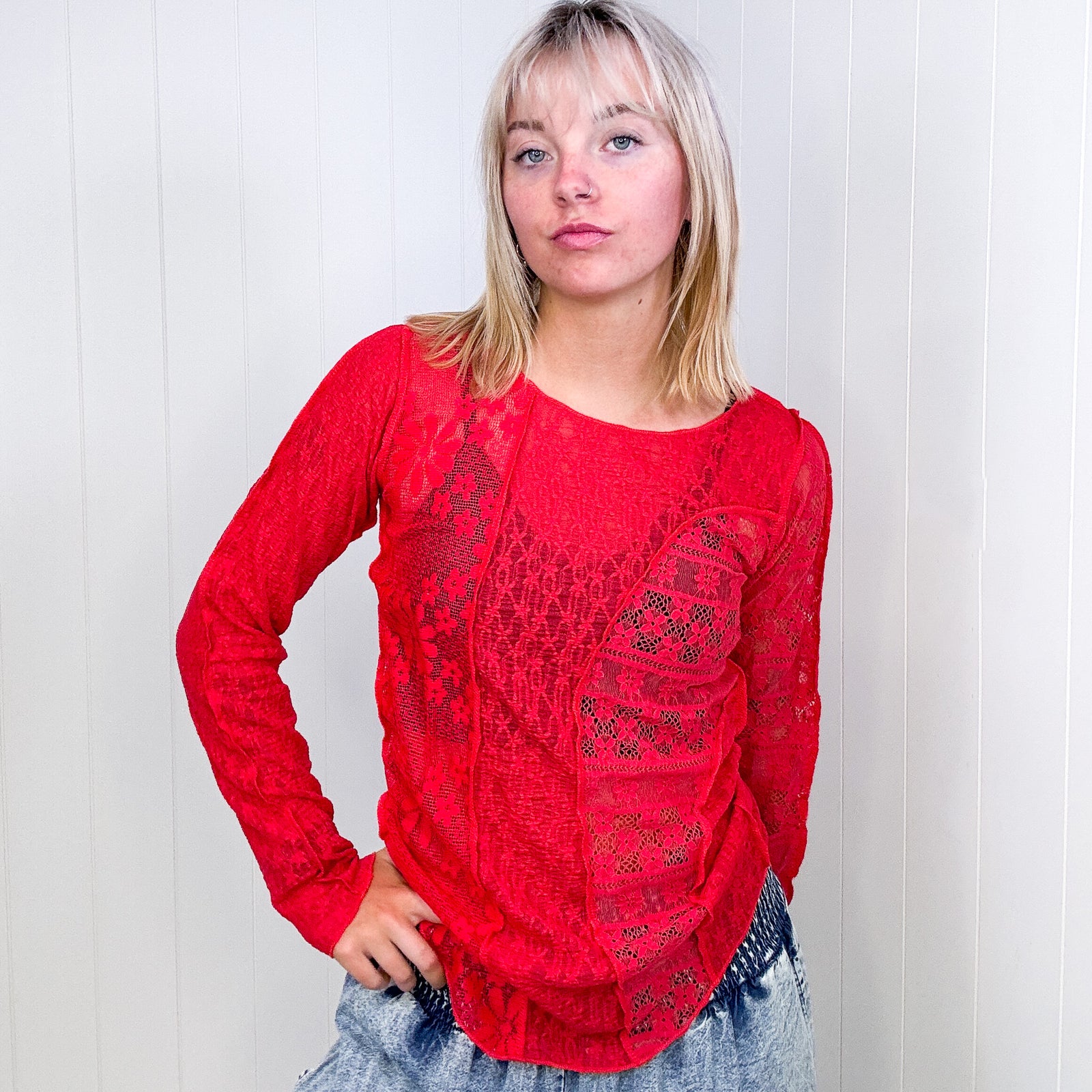 POL Red Sheer Exposed Seam Long Sleeve Lace Knit Top - Boujee Boutique 