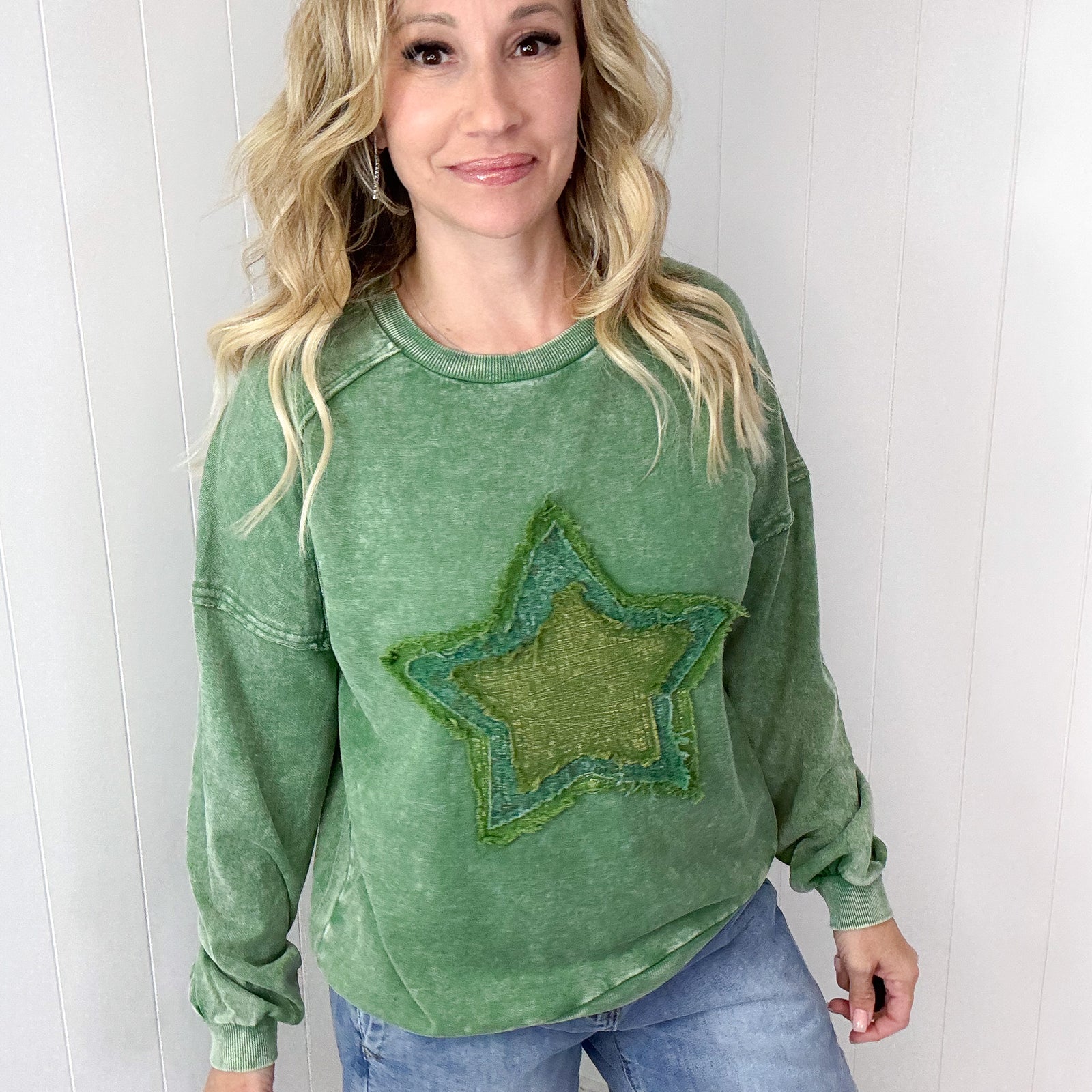 Vintage Stargaze Patch on a Terry Mineral Washed Long Sleeve Pullover in 2 Colors - Boujee Boutique 