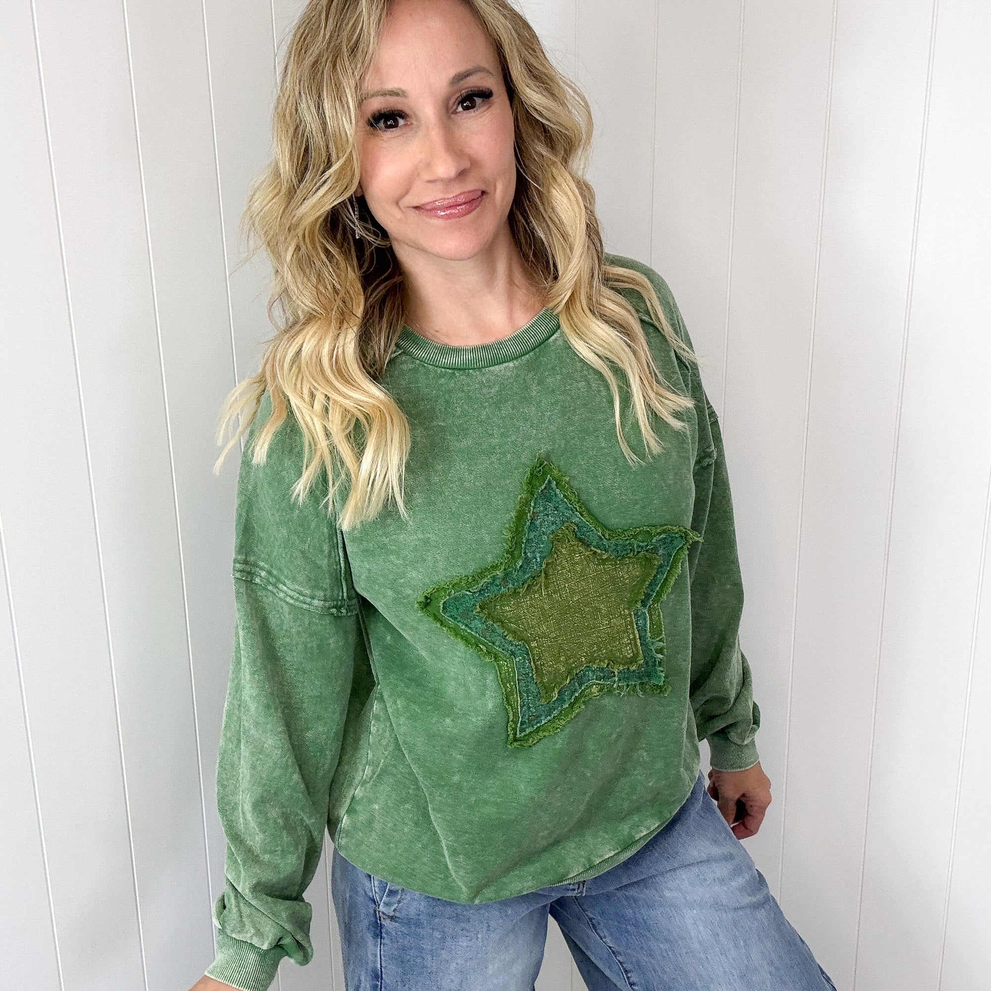 Vintage Stargaze Patch on a Terry Mineral Washed Long Sleeve Pullover in 2 Colors - Boujee Boutique 