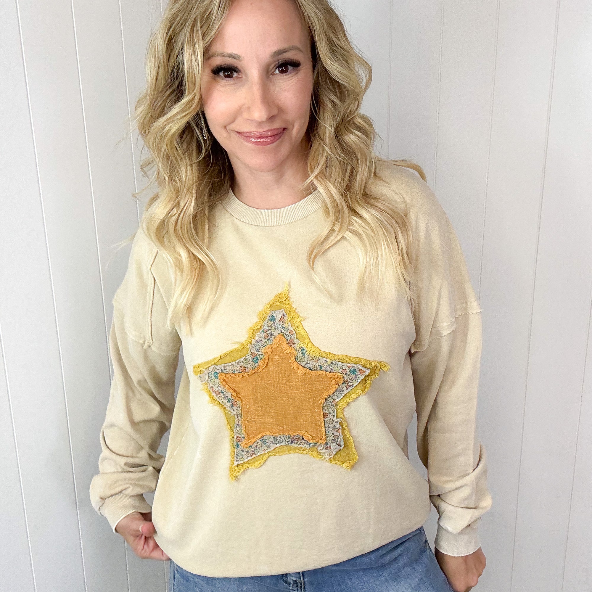 Vintage Stargaze Patch on a Terry Mineral Washed Long Sleeve Pullover in 2 Colors - Boujee Boutique 