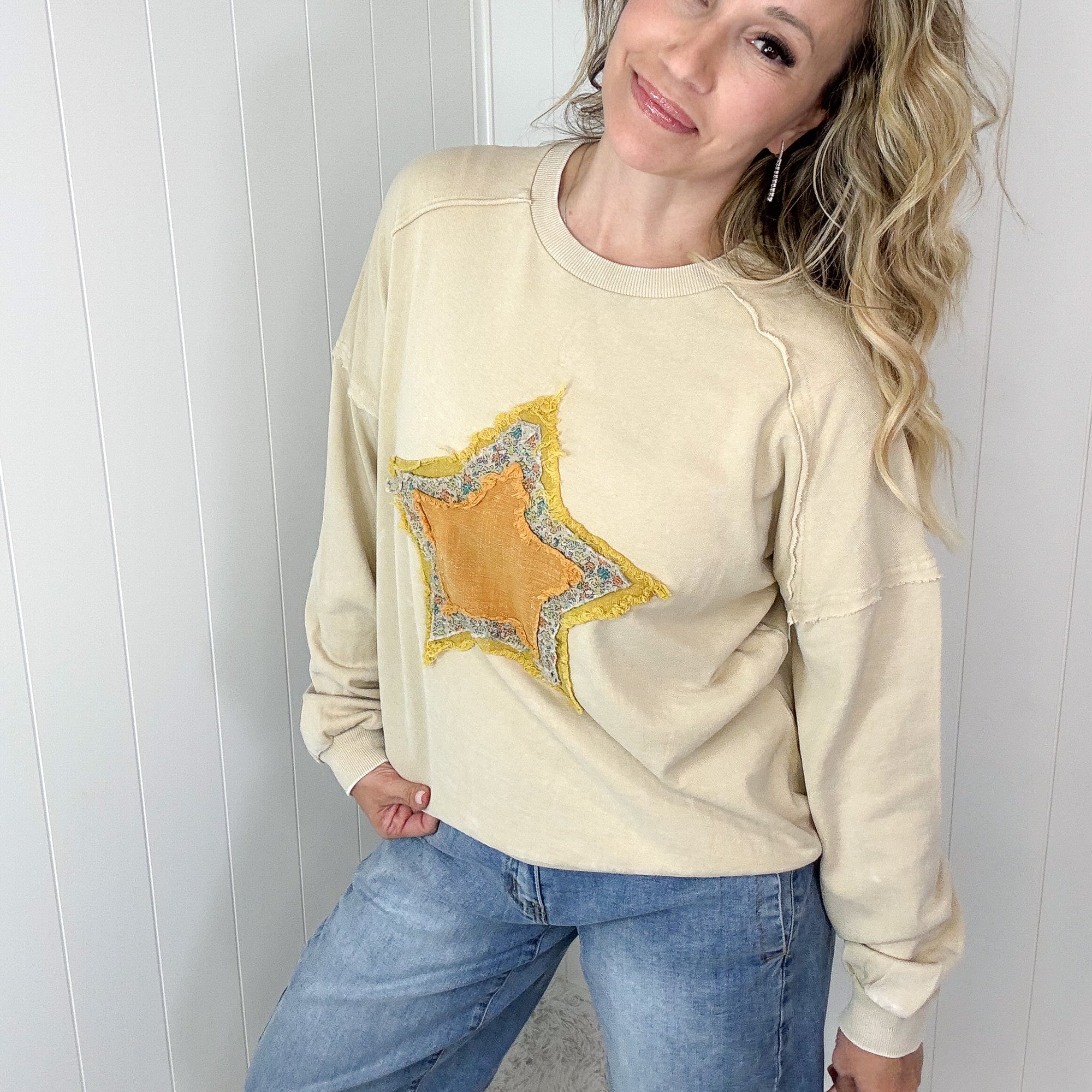 Vintage Stargaze Patch on a Terry Mineral Washed Long Sleeve Pullover in 2 Colors - Boujee Boutique 