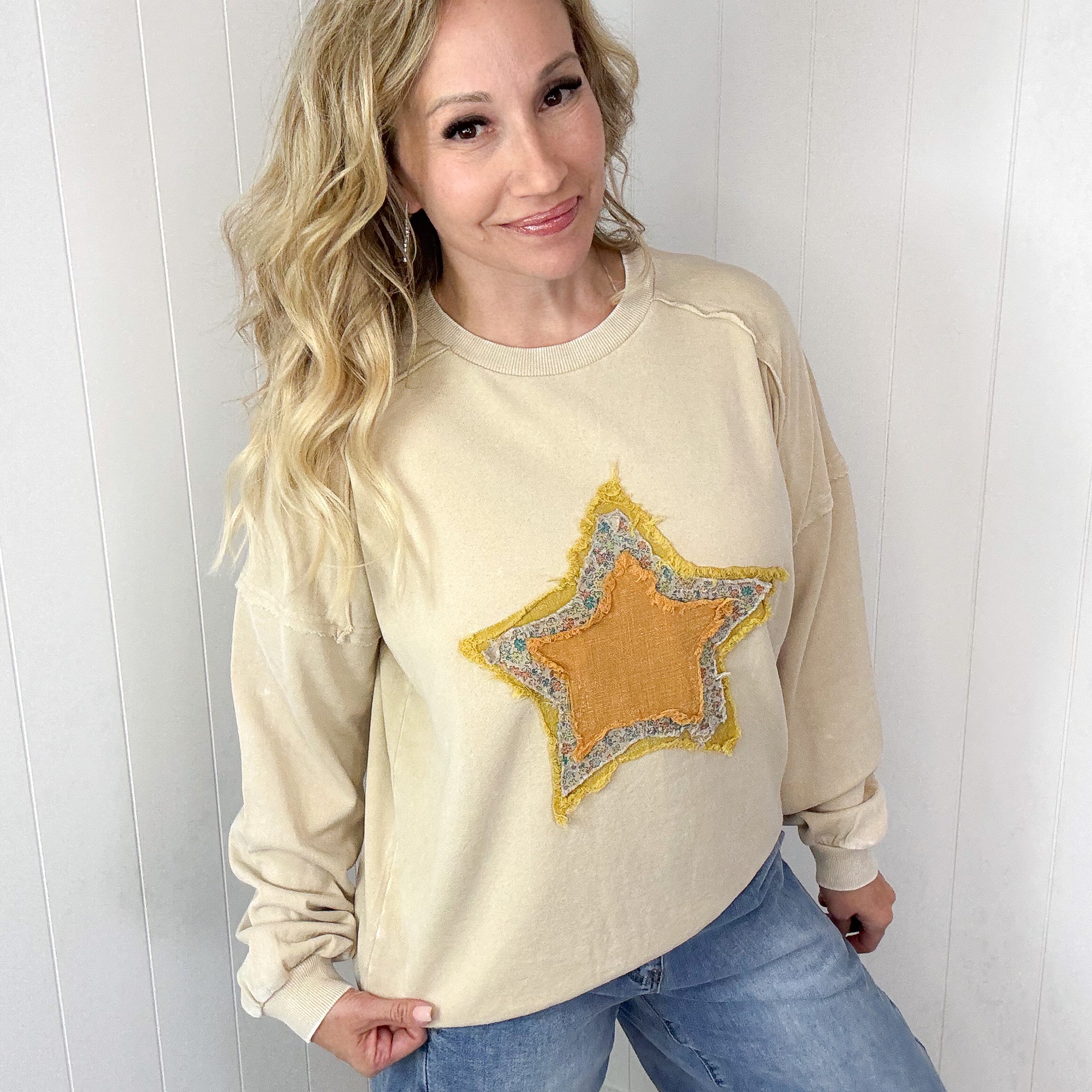 Vintage Stargaze Patch on a Terry Mineral Washed Long Sleeve Pullover in 2 Colors - Boujee Boutique 