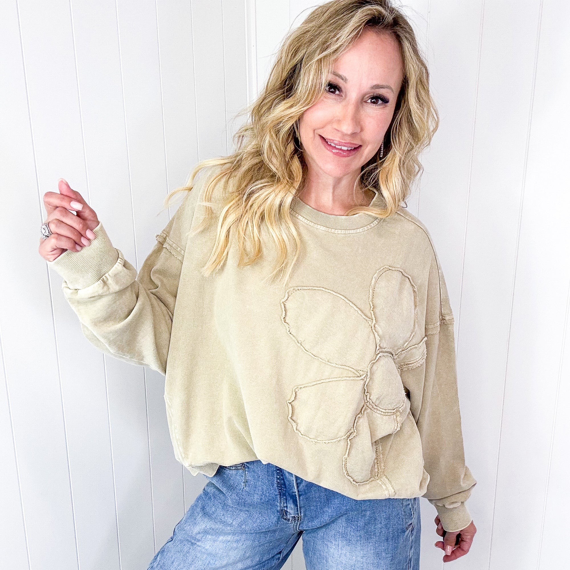 Blooming Stitched Floral Patch Washed Terry Knit Long Sleeve Pullover in 2 Colors - Boujee Boutique 