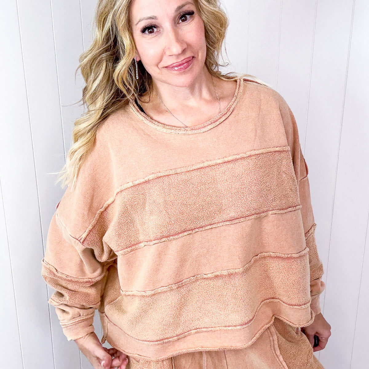 Caramel Cloud Brushed Terry Knit Mineral Washed Pullover Top - Boujee Boutique 