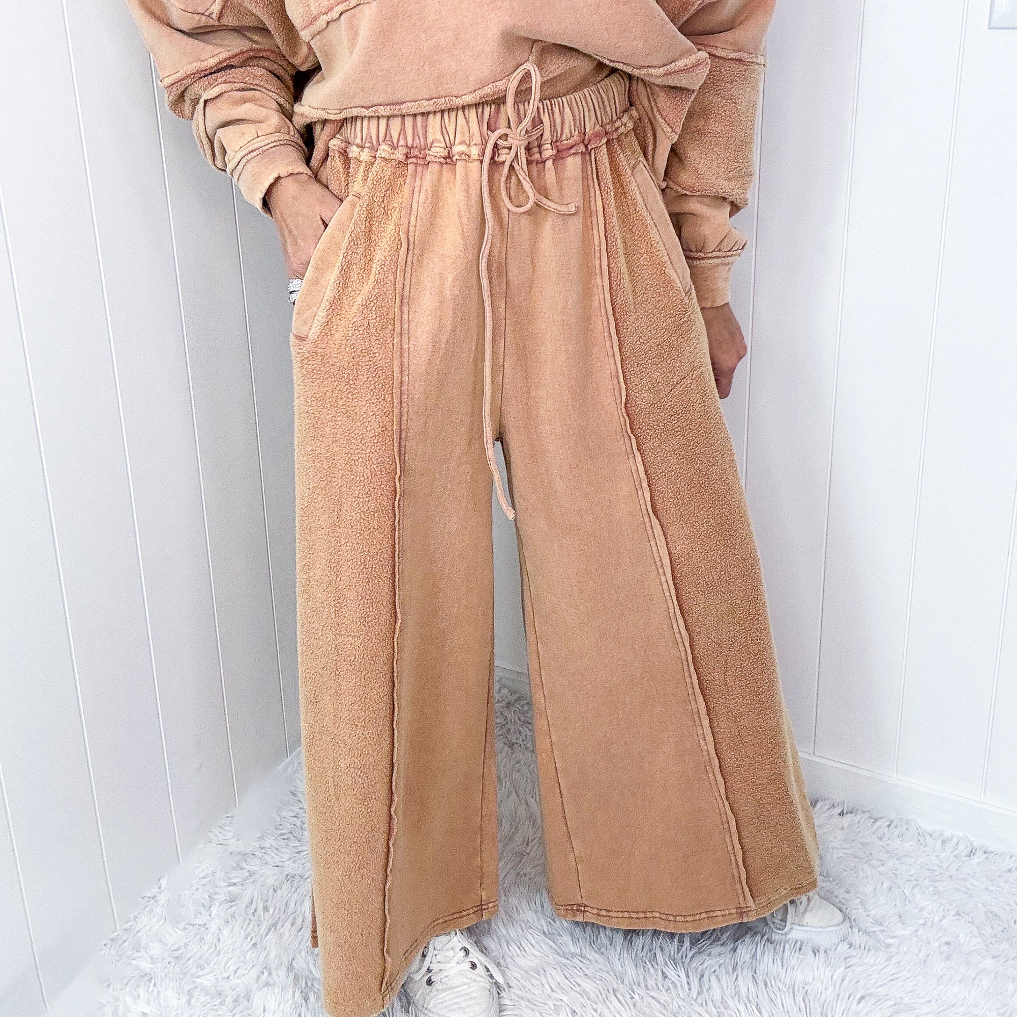 Caramel Cloud Brushed Terry Knit Mineral Washed Palazzo Pants - Boujee Boutique 