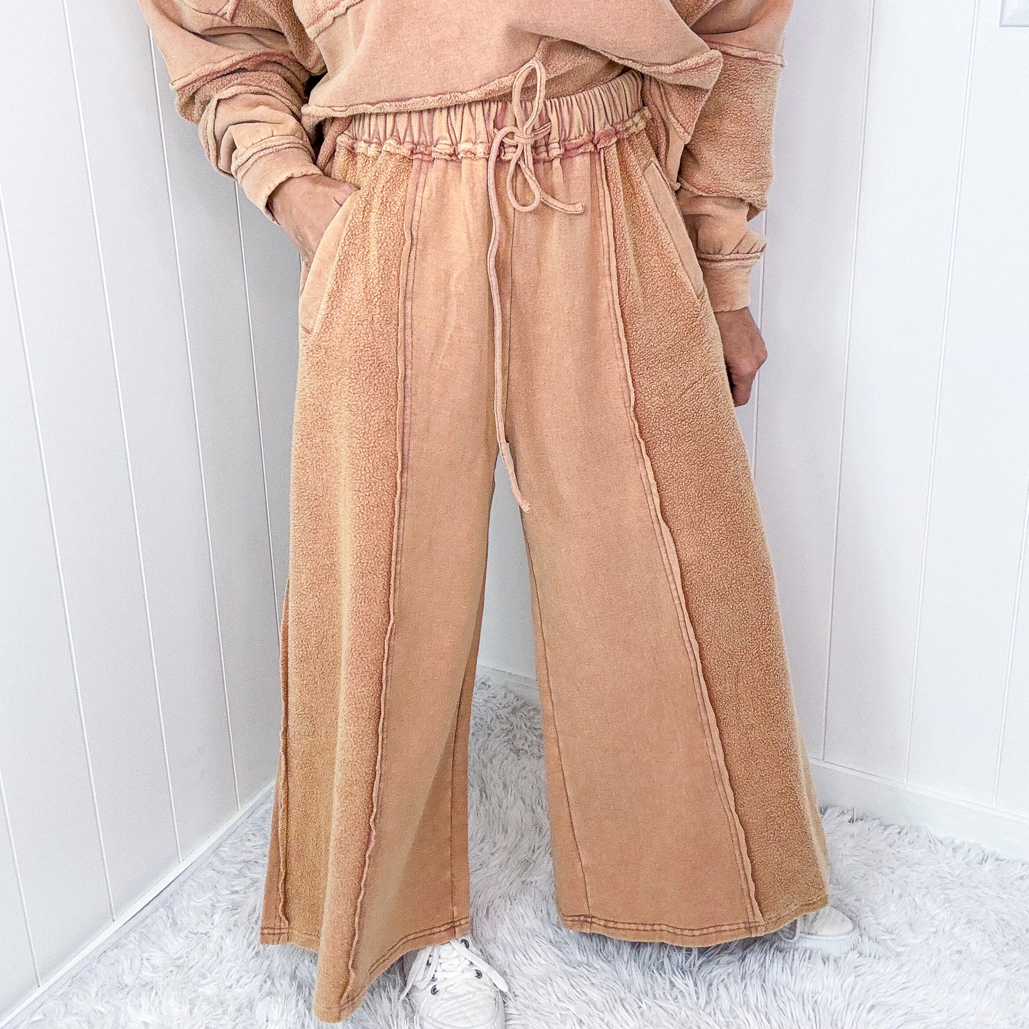 Caramel Cloud Brushed Terry Knit Mineral Washed Palazzo Pants - Boujee Boutique 