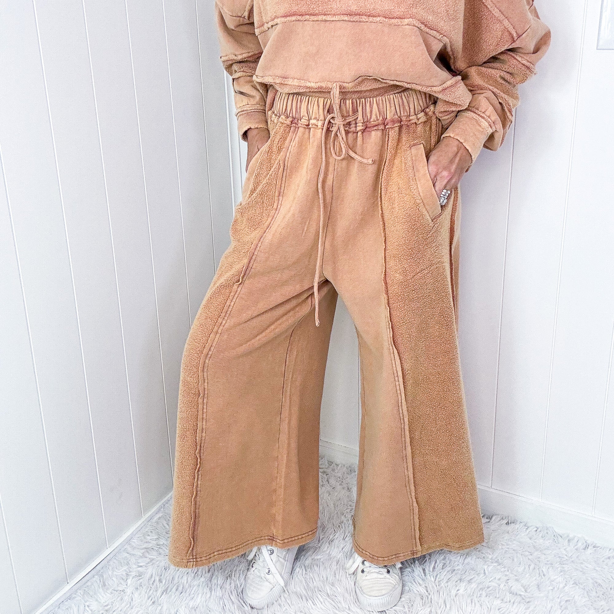 Caramel Cloud Brushed Terry Knit Mineral Washed Palazzo Pants - Boujee Boutique 