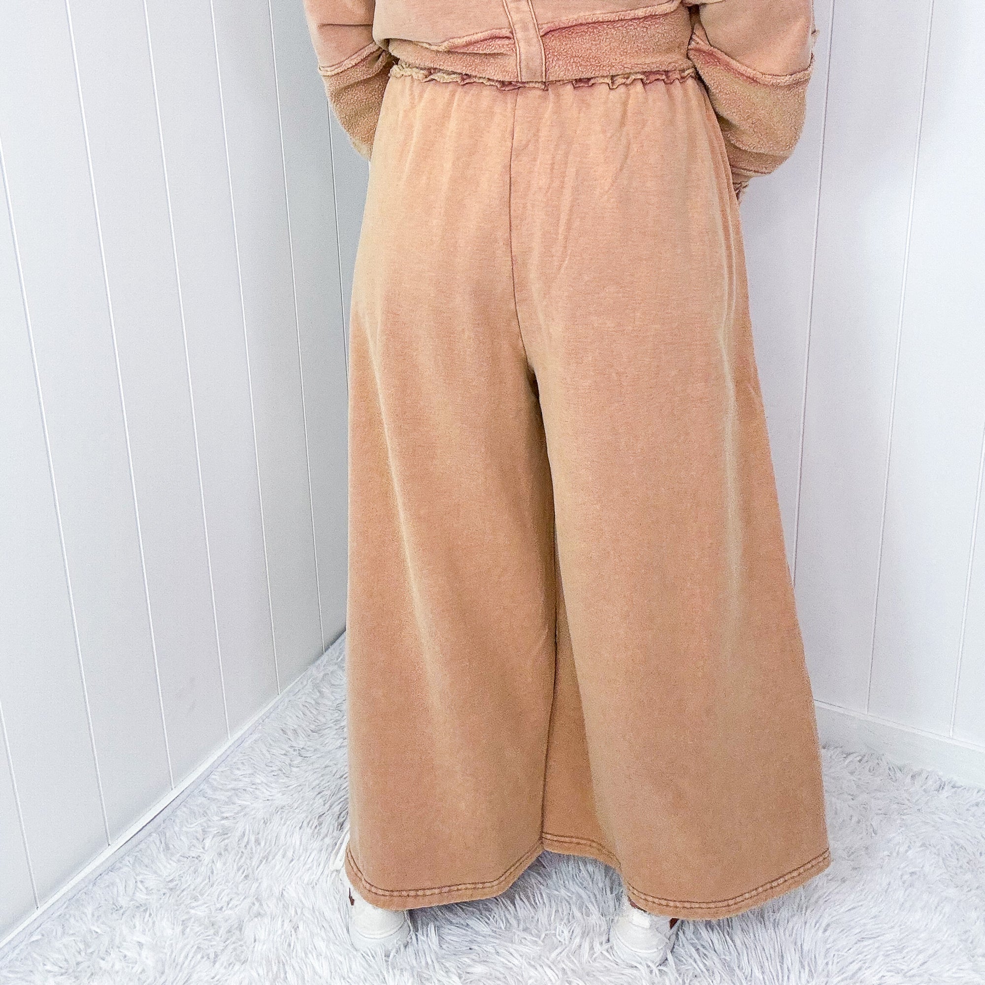 Caramel Cloud Brushed Terry Knit Mineral Washed Palazzo Pants - Boujee Boutique 