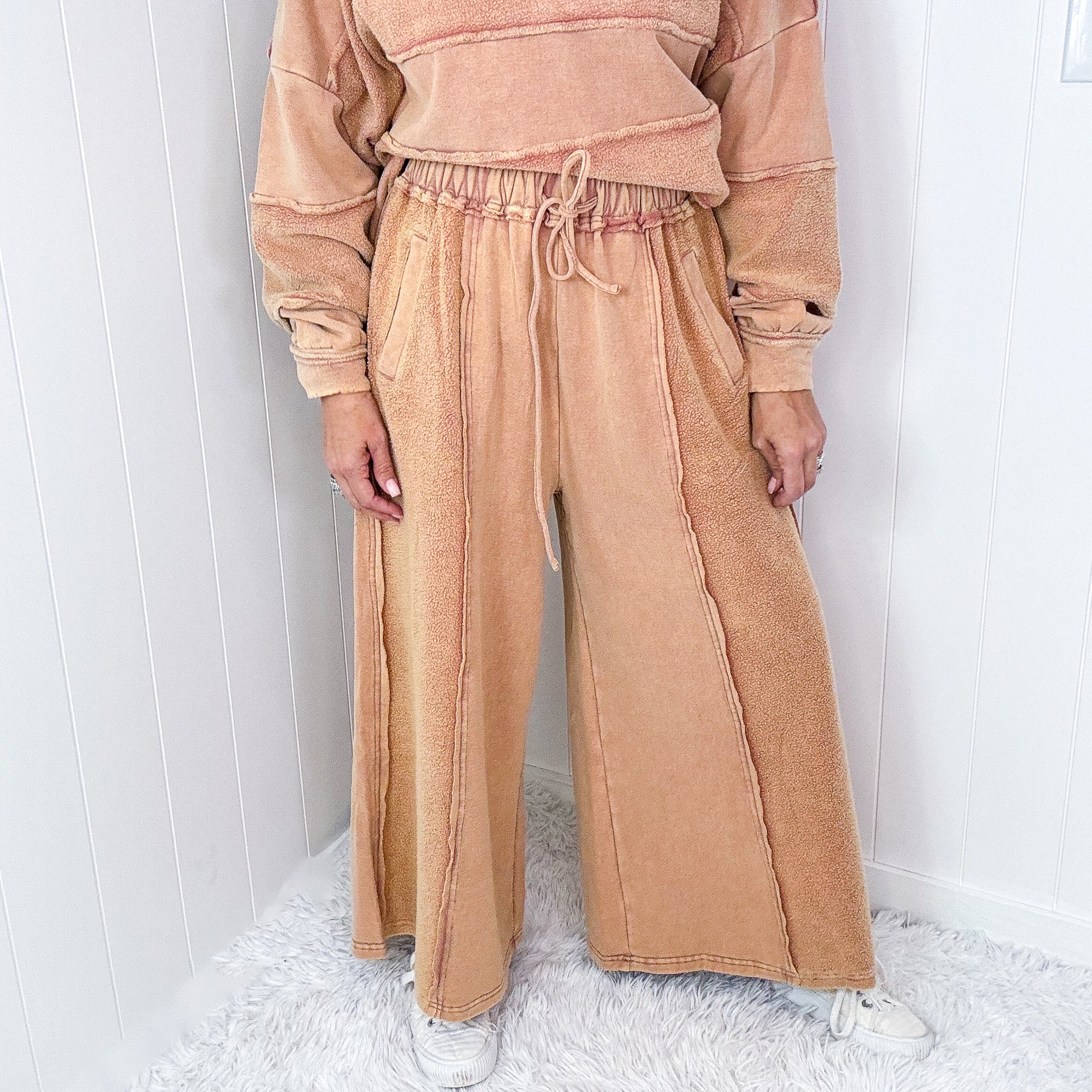 Caramel Cloud Brushed Terry Knit Mineral Washed Palazzo Pants - Boujee Boutique 