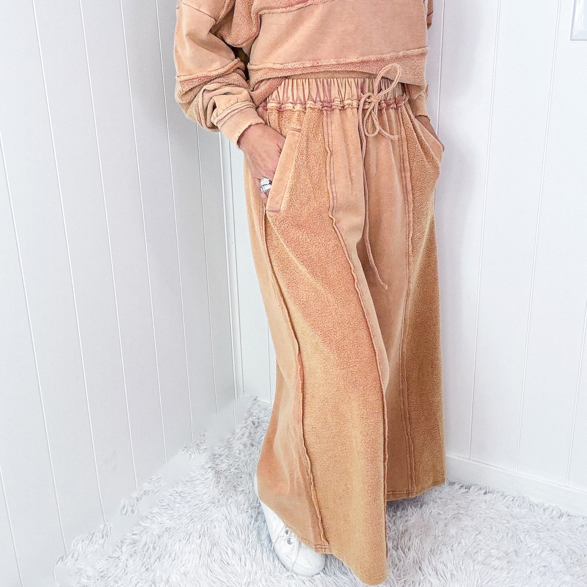 Caramel Cloud Brushed Terry Knit Mineral Washed Palazzo Pants - Boujee Boutique 