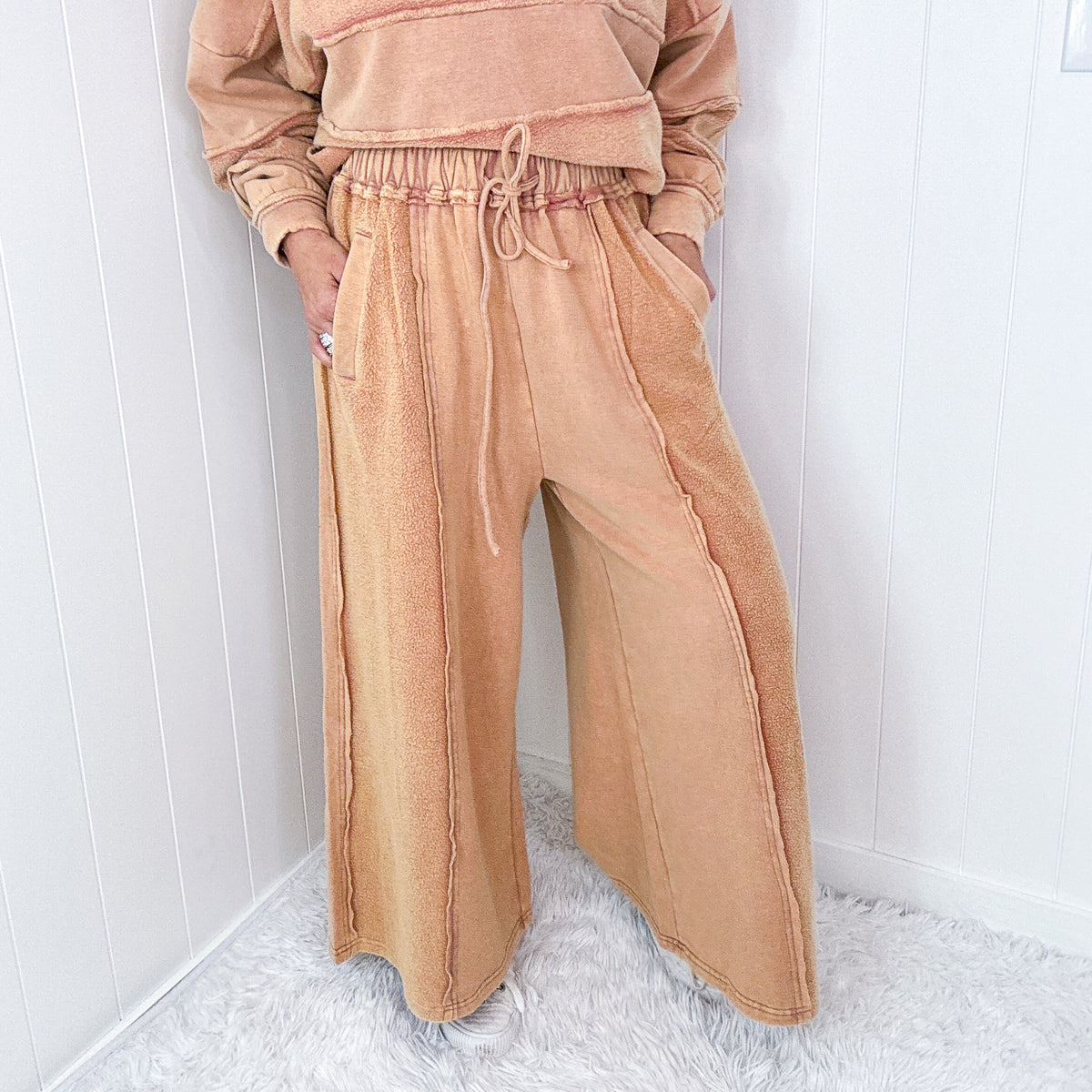 Caramel Cloud Brushed Terry Knit Mineral Washed Palazzo Pants - Boujee Boutique 