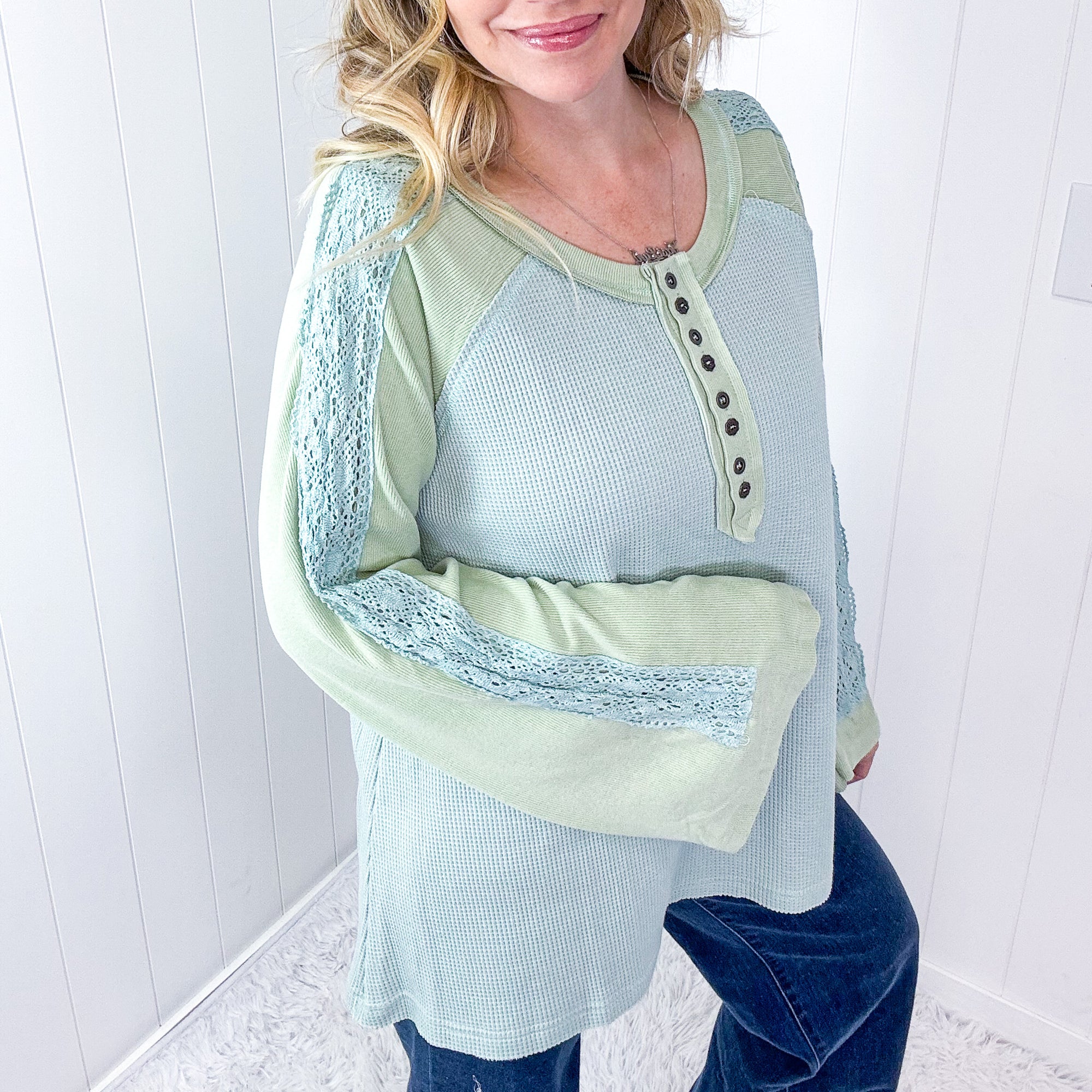 POL Seafoam Green Cozy Dream Ribbed and Crochet Long Sleeve Button Tunic - Boujee Boutique 