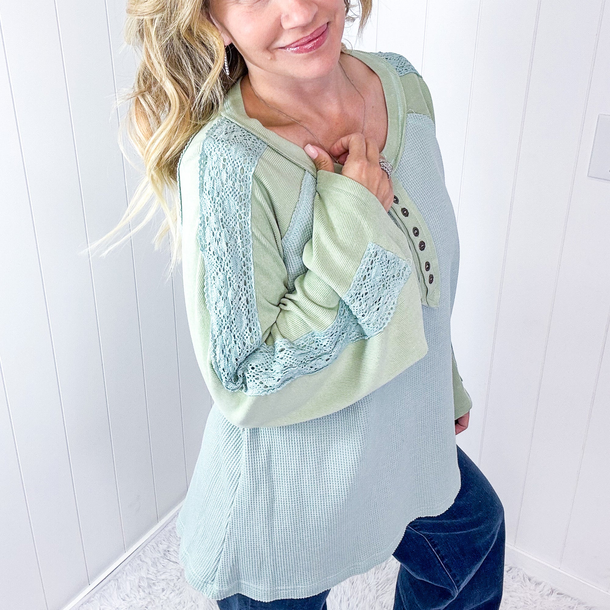 POL Seafoam Green Cozy Dream Ribbed and Crochet Long Sleeve Button Tunic - Boujee Boutique 