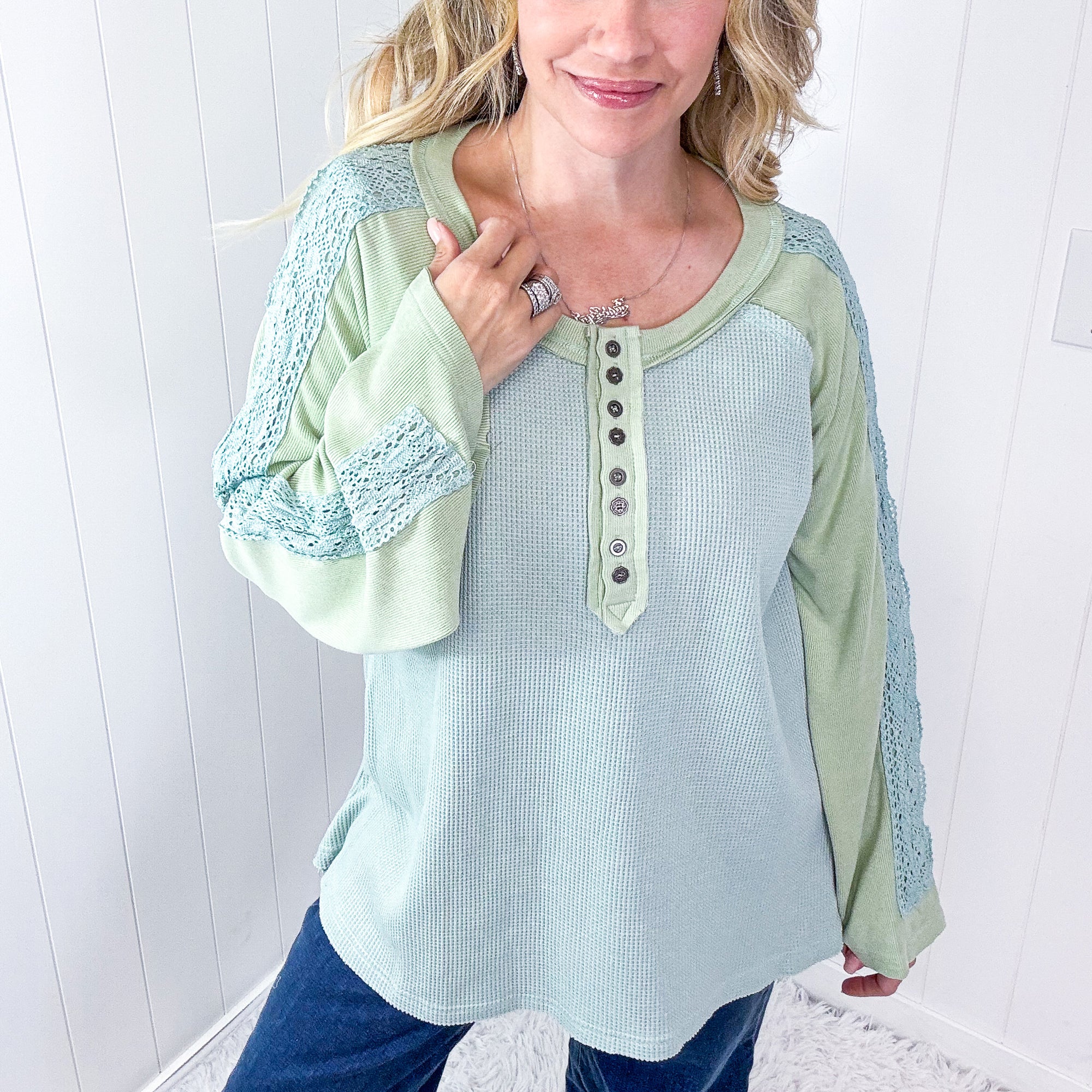 POL Seafoam Green Cozy Dream Ribbed and Crochet Long Sleeve Button Tunic - Boujee Boutique 