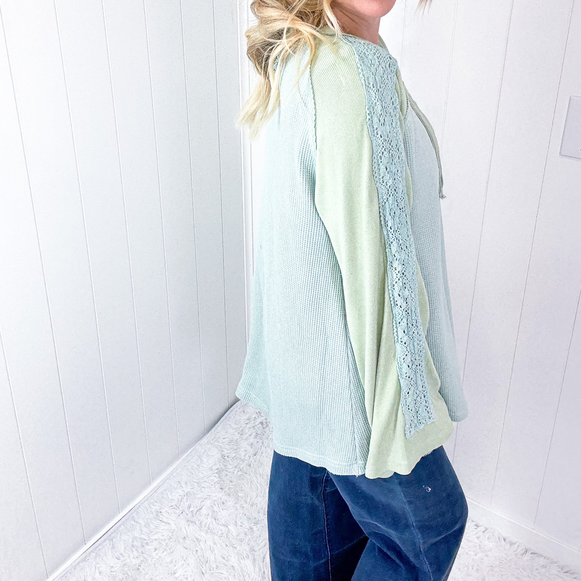 POL Seafoam Green Cozy Dream Ribbed and Crochet Long Sleeve Button Tunic - Boujee Boutique 