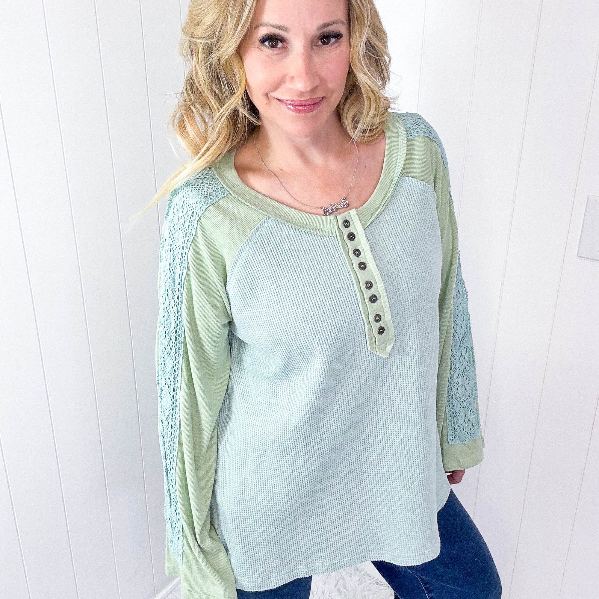 POL Seafoam Green Cozy Dream Ribbed and Crochet Long Sleeve Button Tunic - Boujee Boutique 