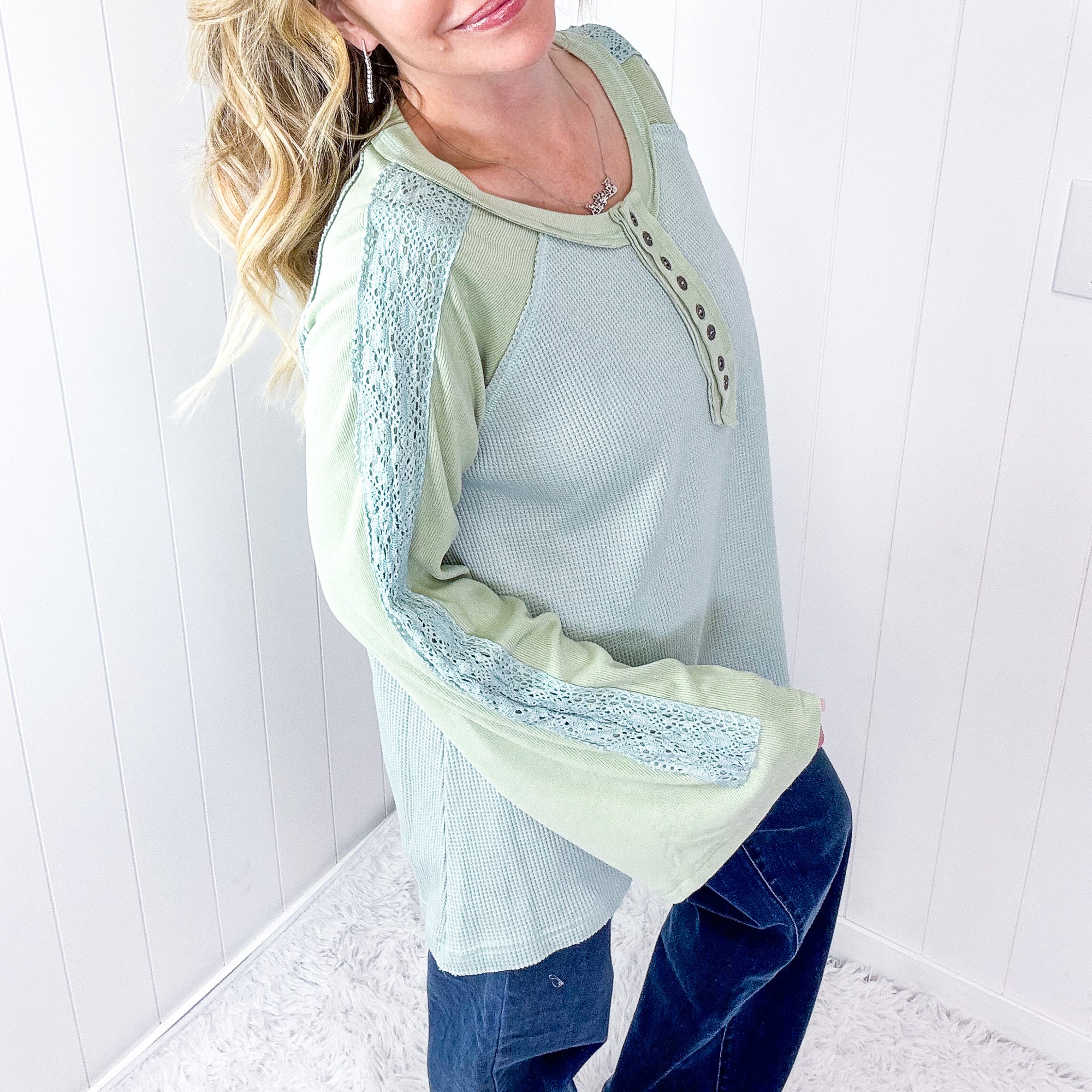 POL Seafoam Green Cozy Dream Ribbed and Crochet Long Sleeve Button Tunic - Boujee Boutique 