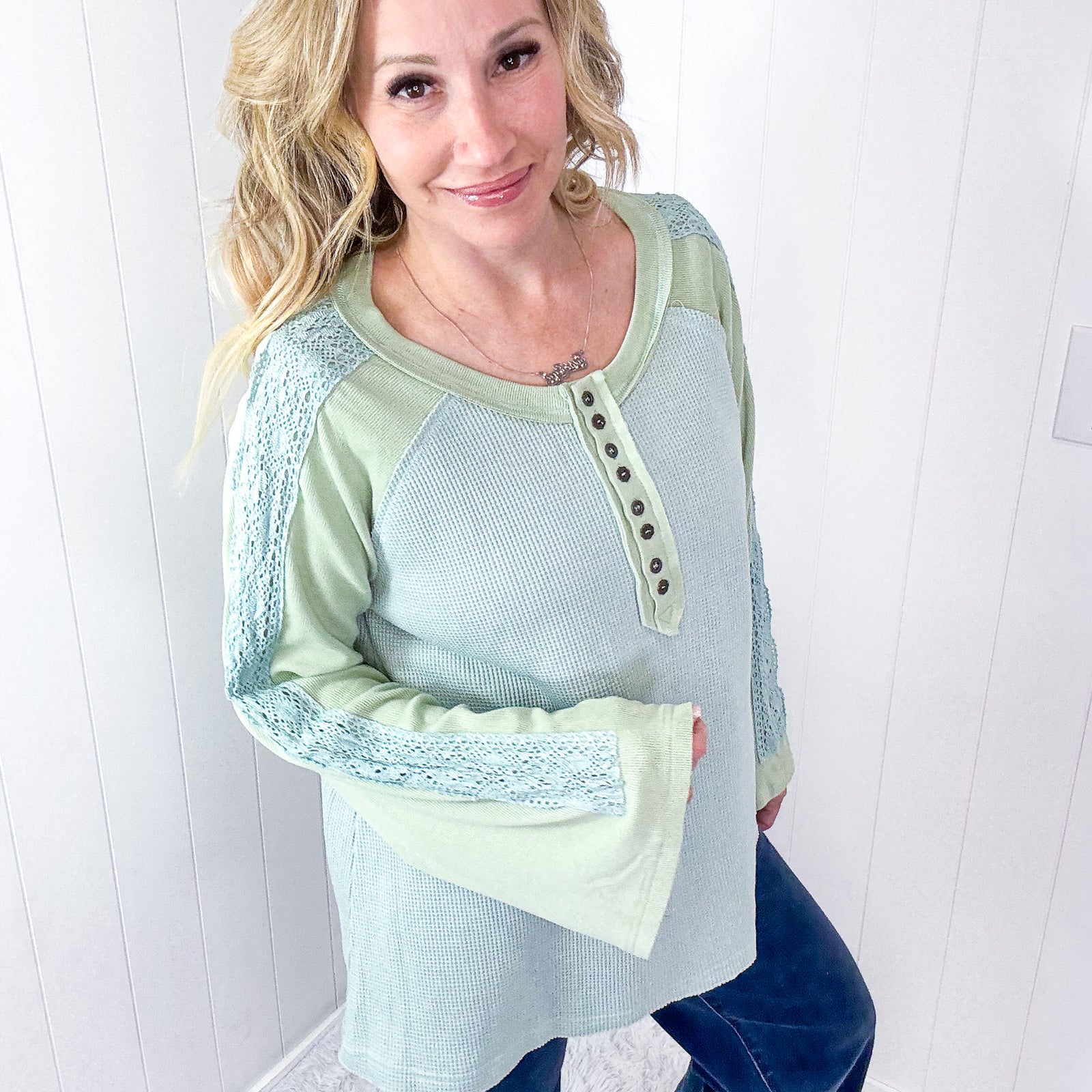 POL Seafoam Green Cozy Dream Ribbed and Crochet Long Sleeve Button Tunic - Boujee Boutique 