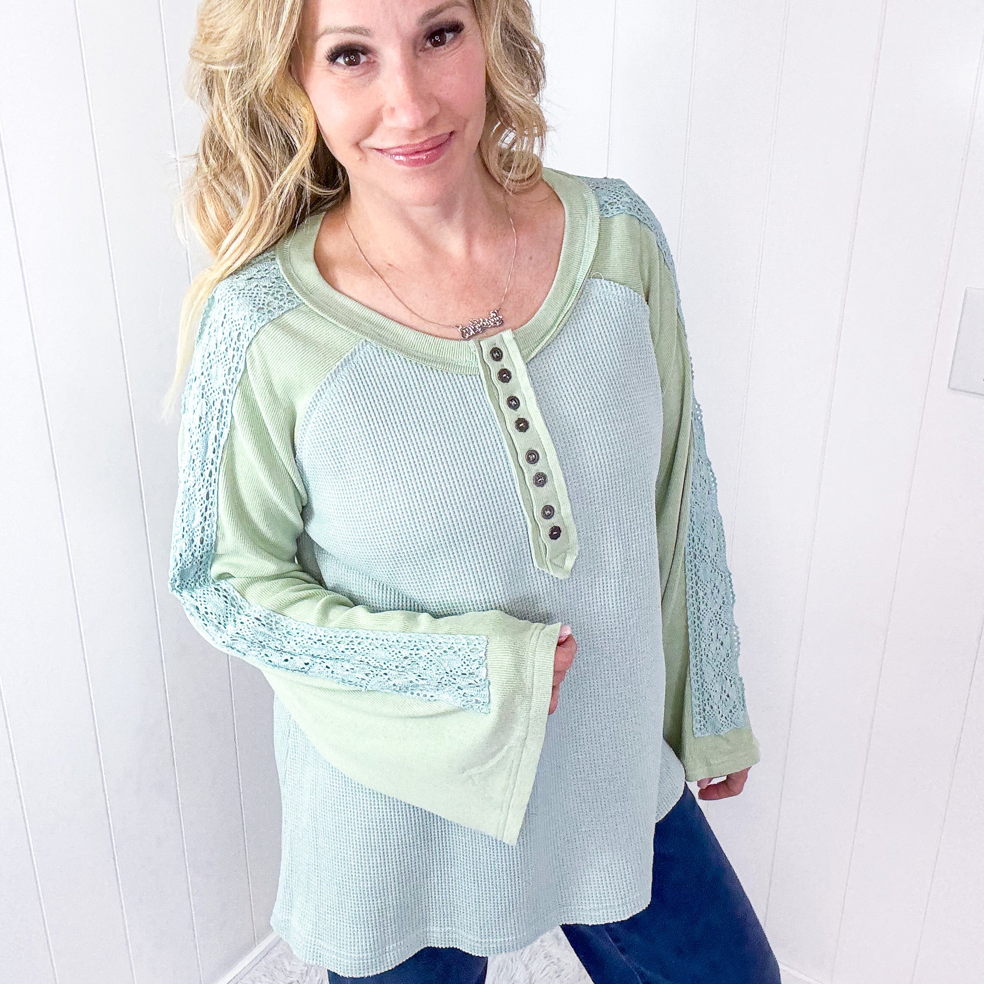 POL Seafoam Green Cozy Dream Ribbed and Crochet Long Sleeve Button Tunic - Boujee Boutique 