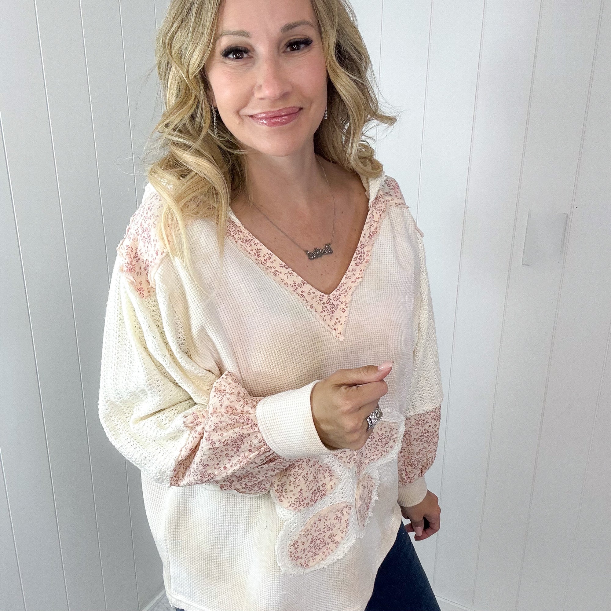 POL Blush Petal Pusher Heart Patch Knit and Ditzy Floral Long Sleeve Pullover Hoodie - Boujee Boutique 