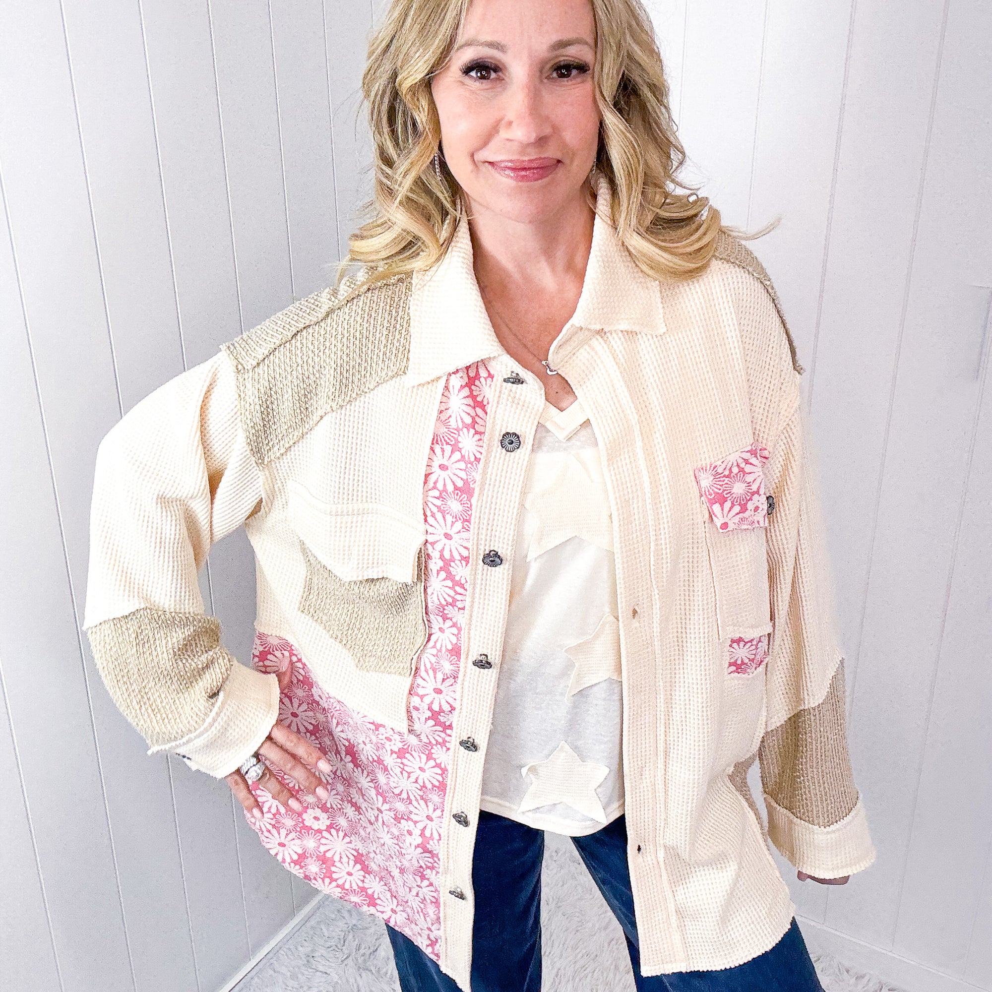 POL Cream and Beige Vintage Pink Floral Thermal Long Sleeve Jacket - Boujee Boutique 