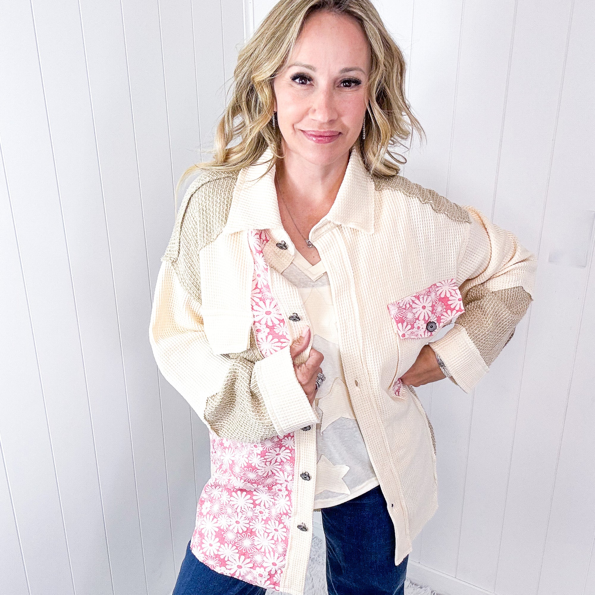 POL Cream and Beige Vintage Pink Floral Thermal Long Sleeve Jacket - Boujee Boutique 