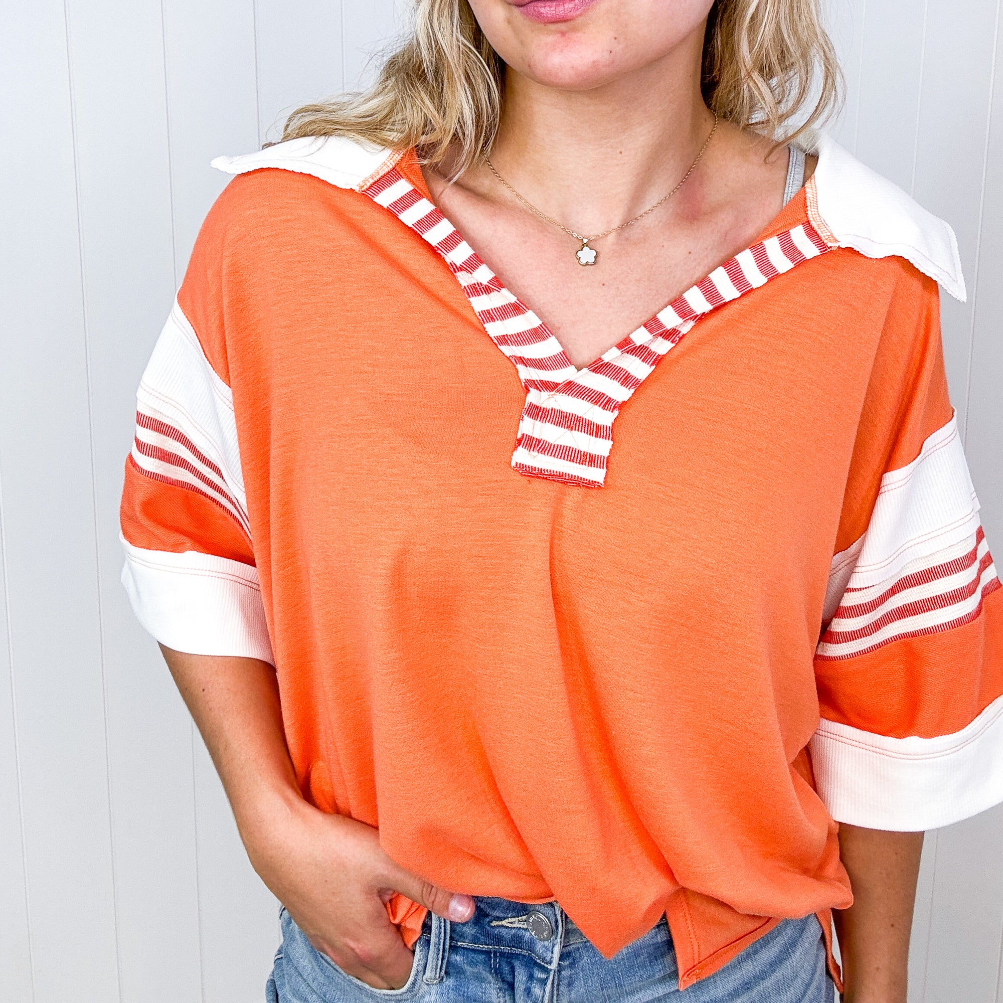 Orange Oversized Contrast Stripe Polo Short Sleeve Shirt - Boujee Boutique 