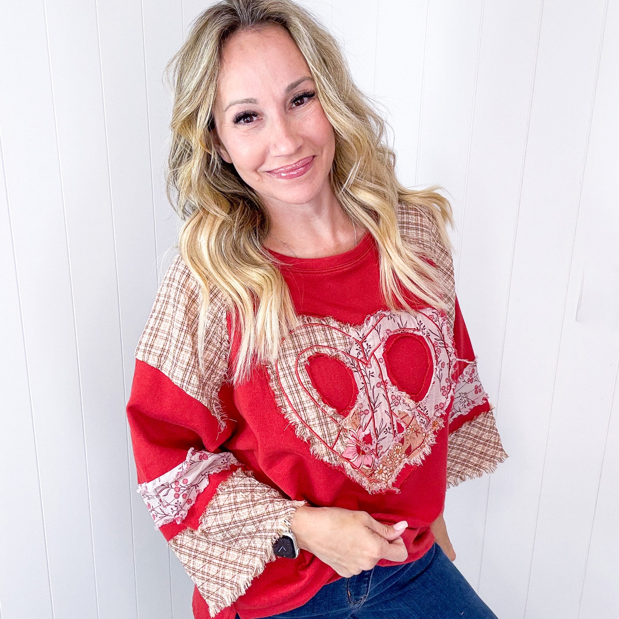 Mixed Emotions Heart Patch Terry and Knit Plaid Quarter Sleeve Pullover in 3 Options - Boujee Boutique 