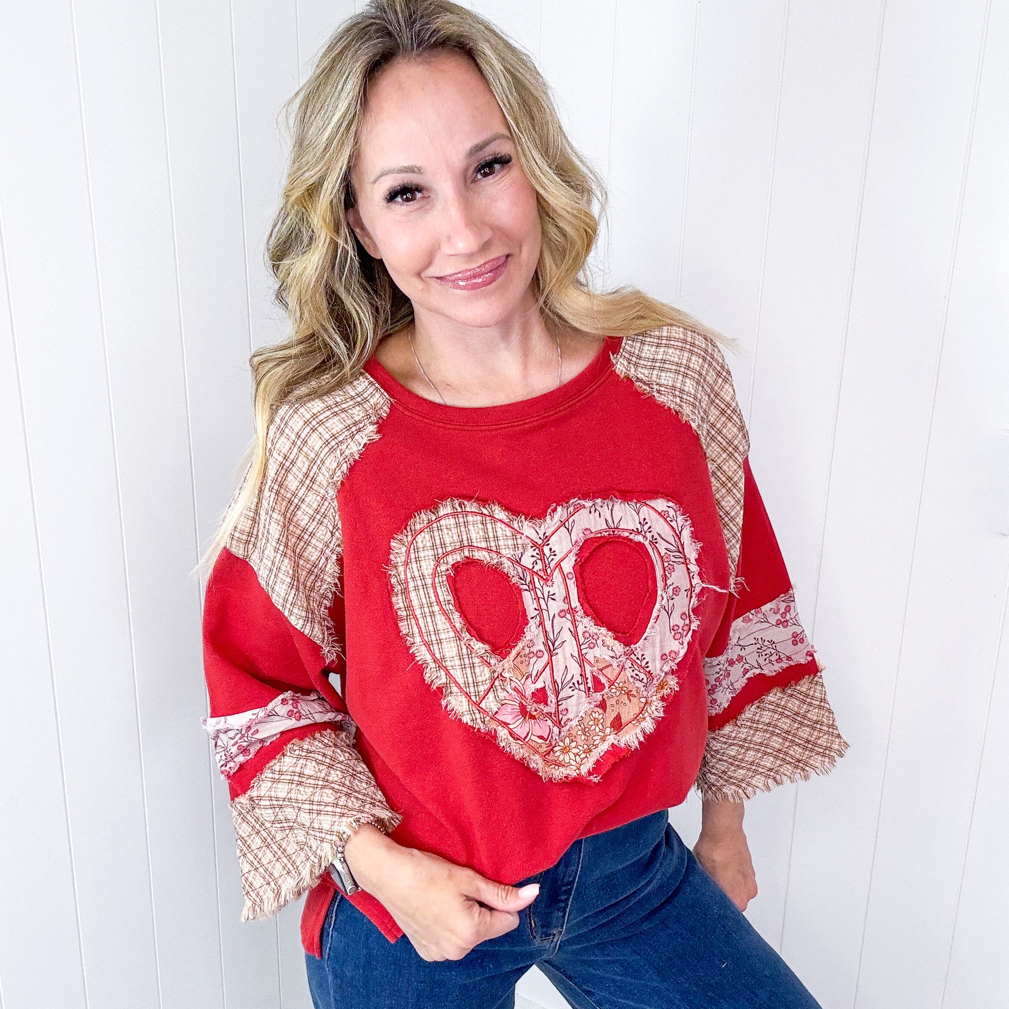 Mixed Emotions Heart Patch Terry and Knit Plaid Quarter Sleeve Pullover in 3 Options - Boujee Boutique 