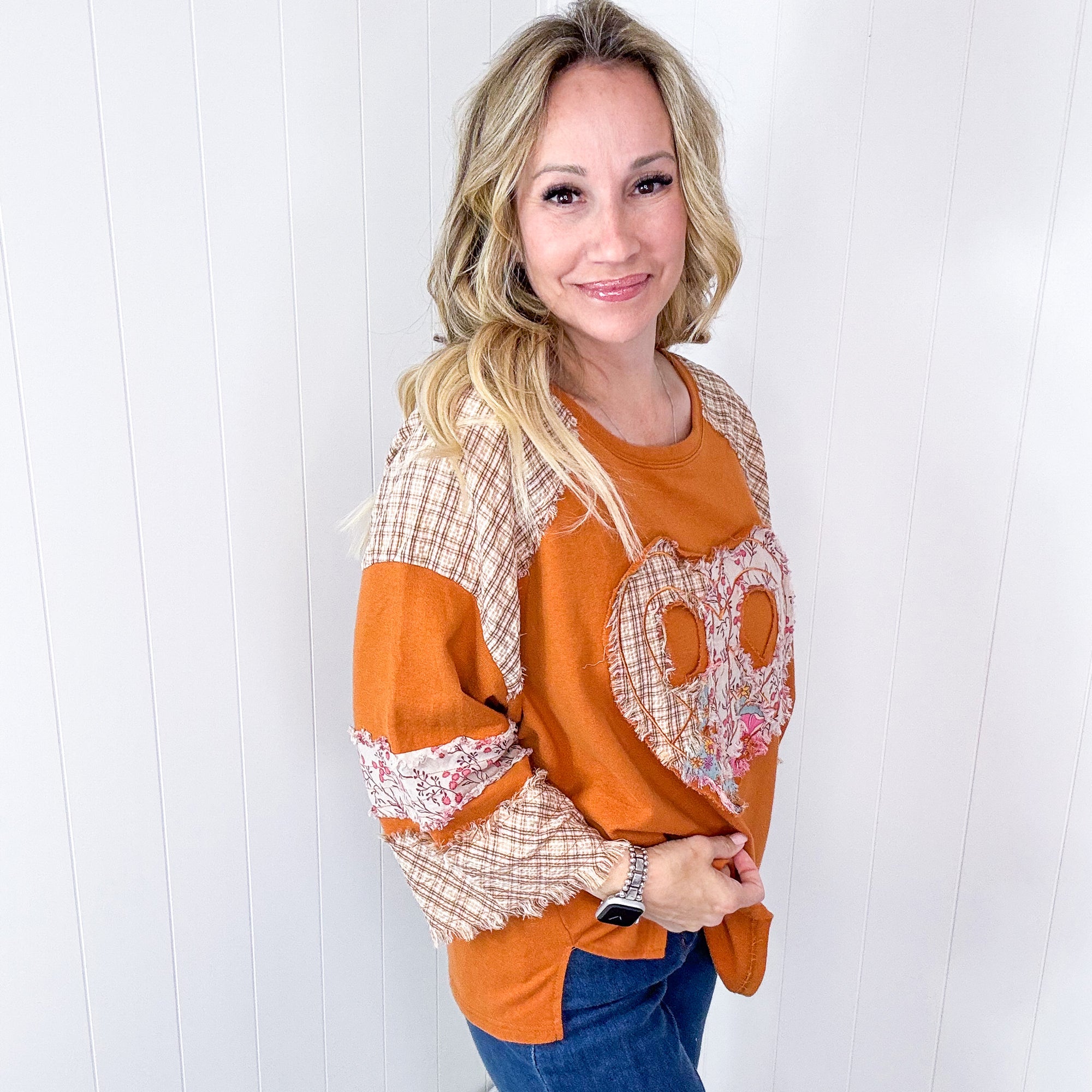 Mixed Emotions Heart Patch Terry and Knit Plaid Quarter Sleeve Pullover in 3 Options - Boujee Boutique 