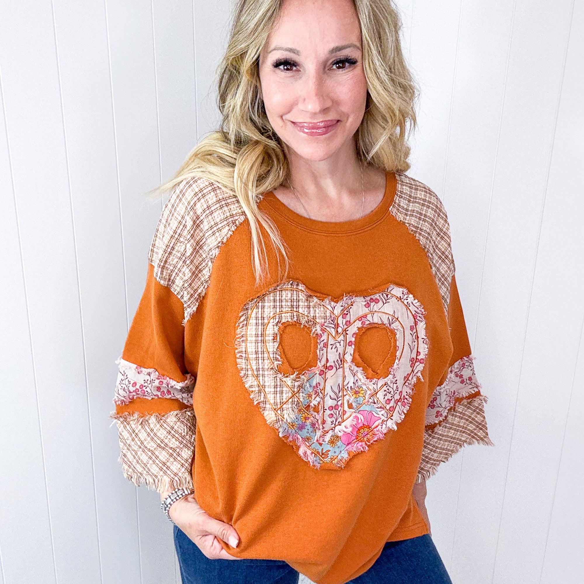 Mixed Emotions Heart Patch Terry and Knit Plaid Quarter Sleeve Pullover in 3 Options - Boujee Boutique 