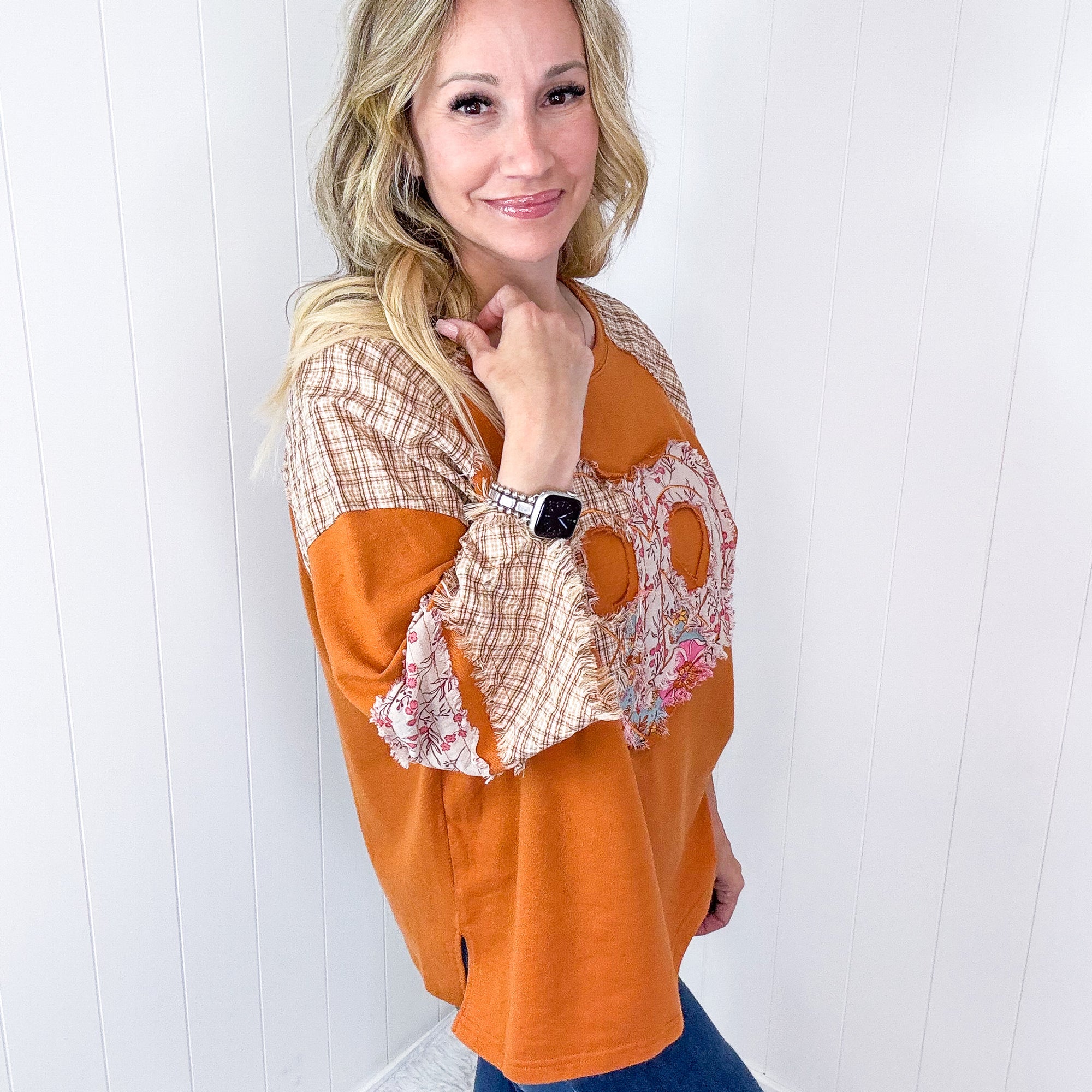 Mixed Emotions Heart Patch Terry and Knit Plaid Quarter Sleeve Pullover in 3 Options - Boujee Boutique 