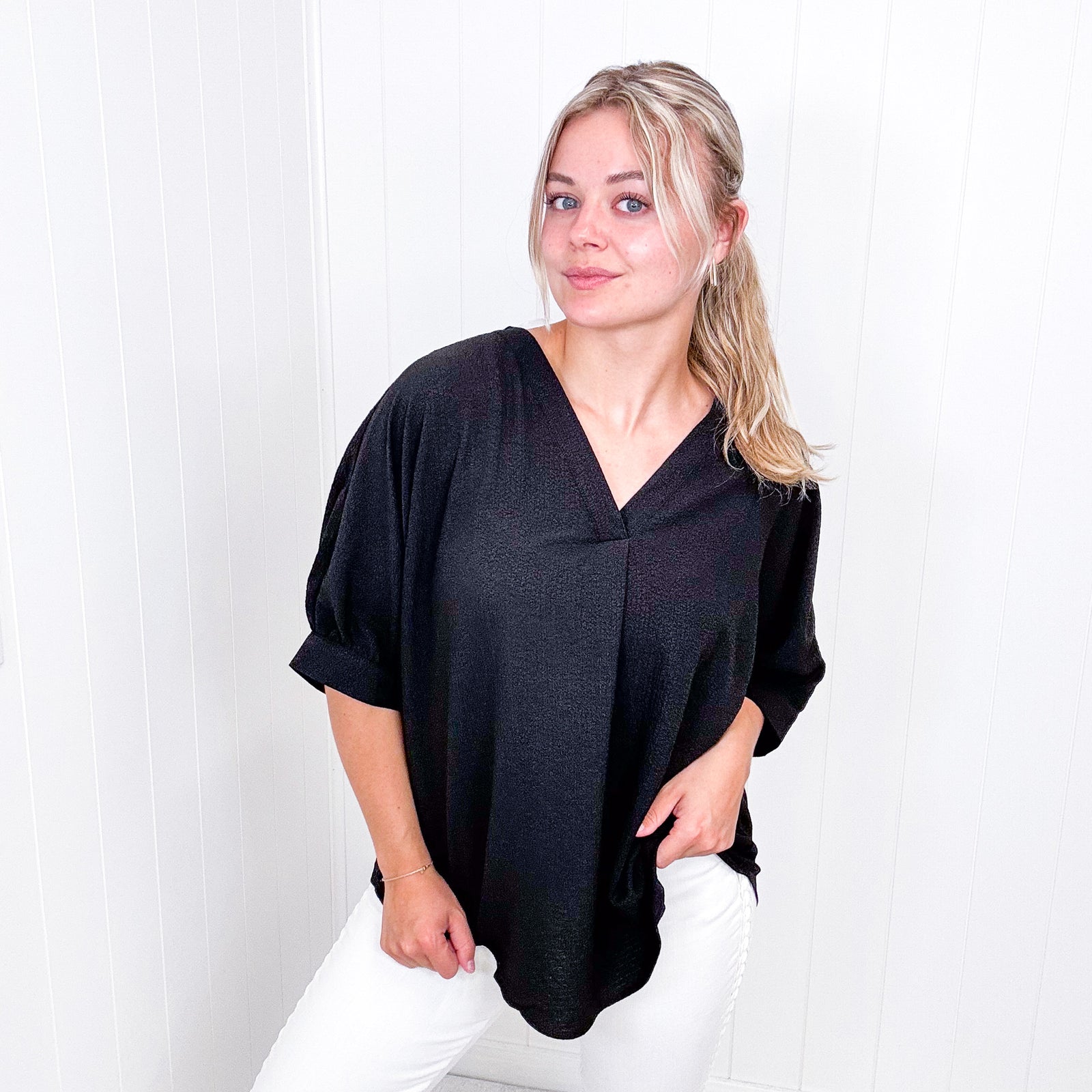 Andree By Unit Up For Anything V Neckline Blouse in Black - Boujee Boutique 