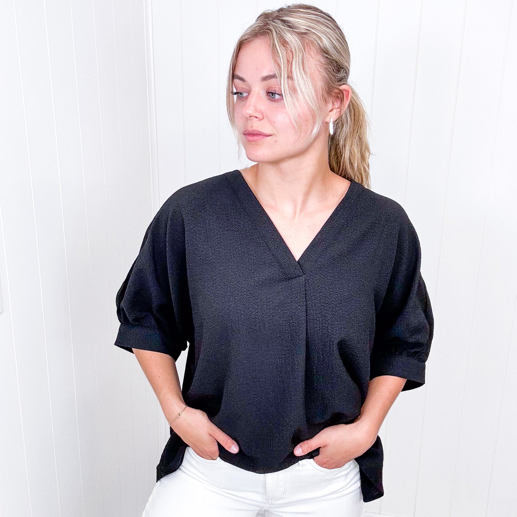 Andree By Unit Up For Anything V Neckline Blouse in Black - Boujee Boutique 