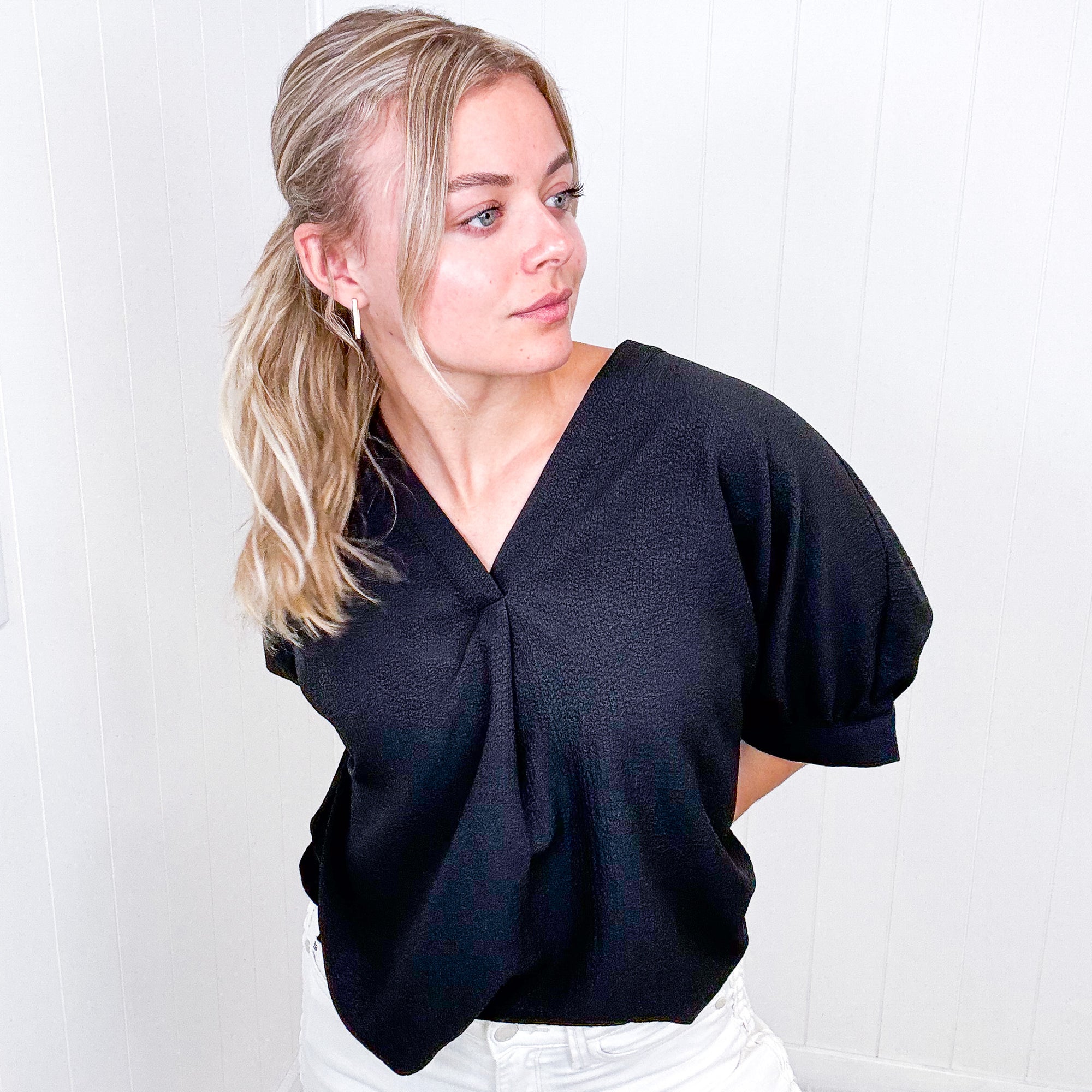 Andree By Unit Up For Anything V Neckline Blouse in Black - Boujee Boutique 