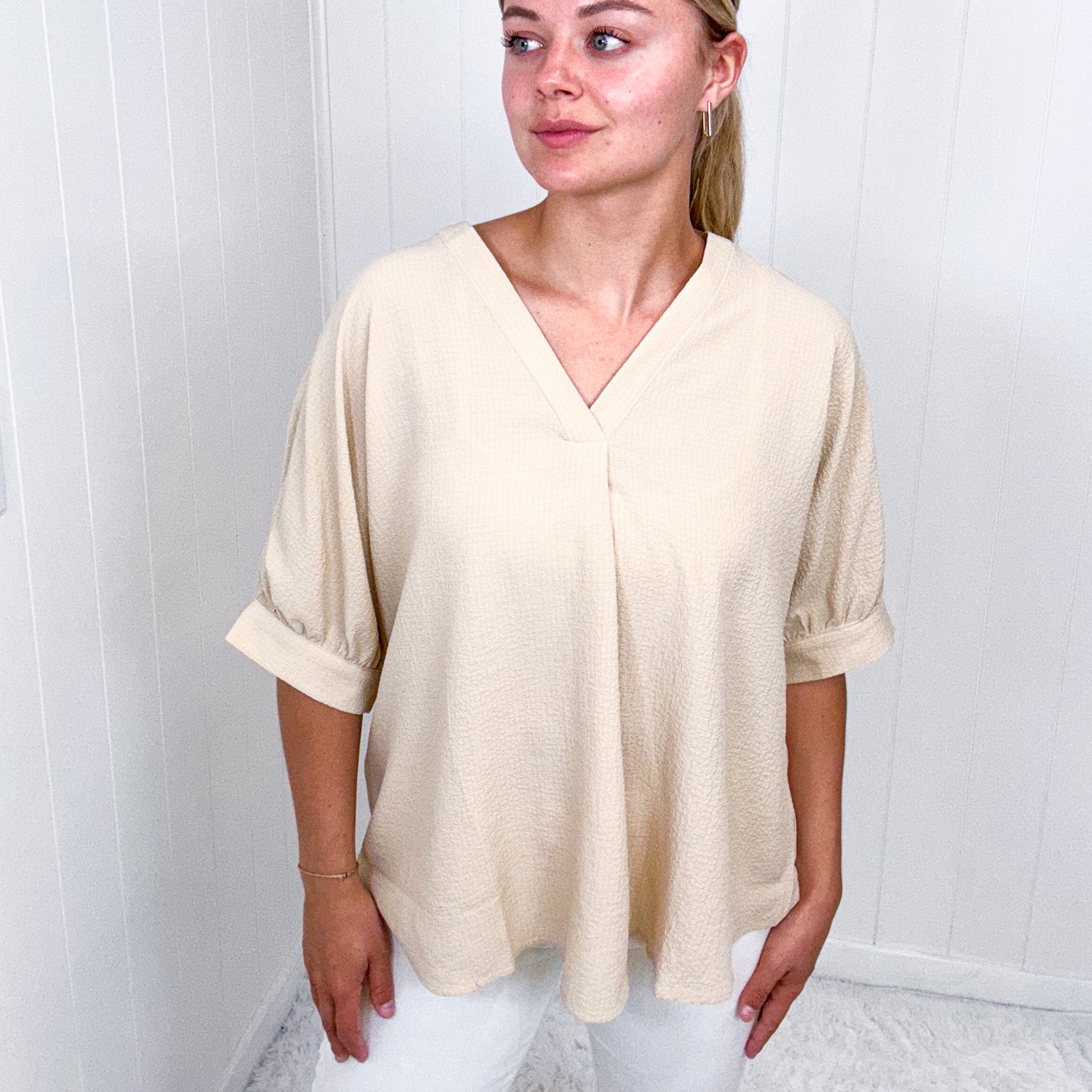 Andree By Unit Up For Anything V-Neck Blouse in Taupe - Boujee Boutique 