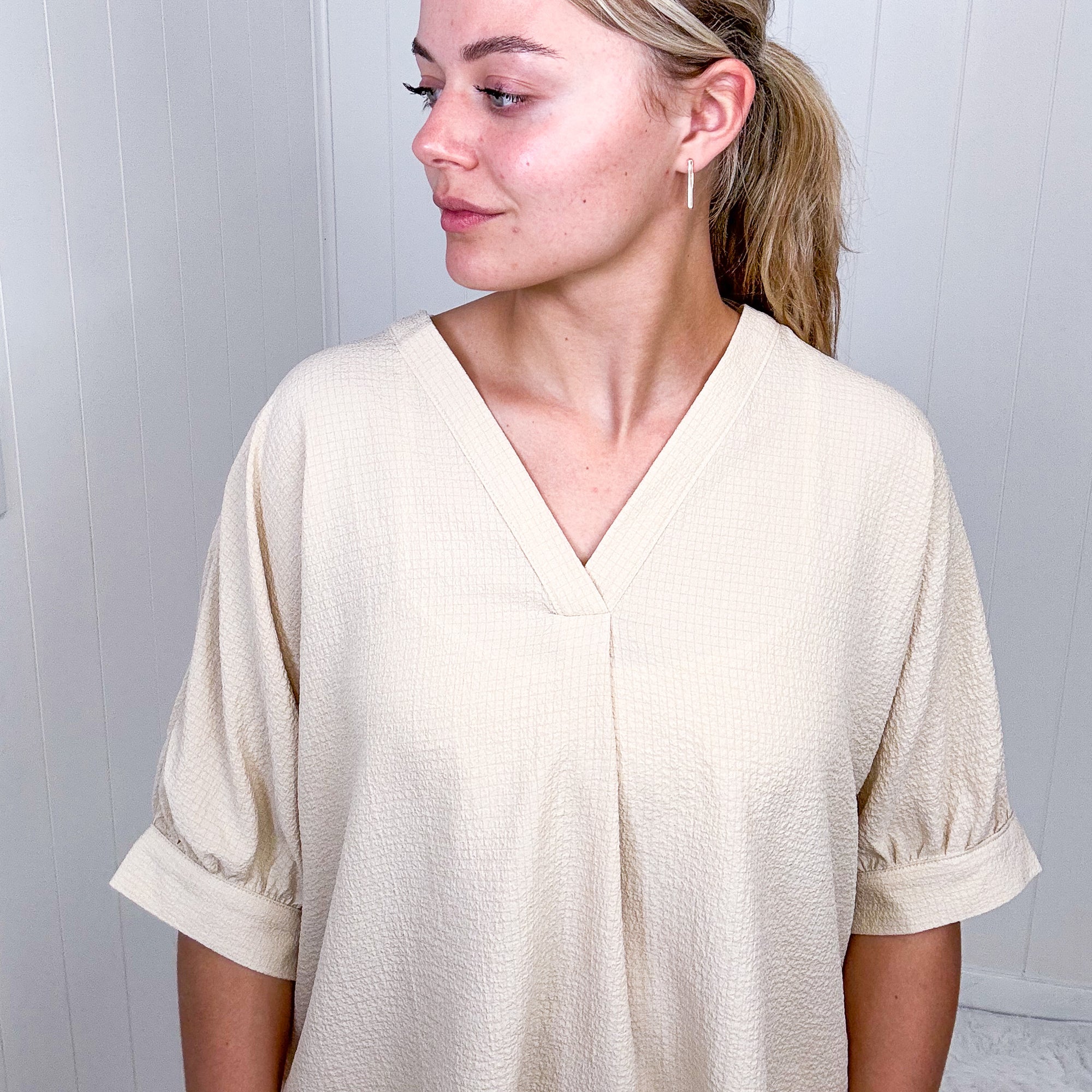 Andree By Unit Up For Anything V-Neck Blouse in Taupe - Boujee Boutique 