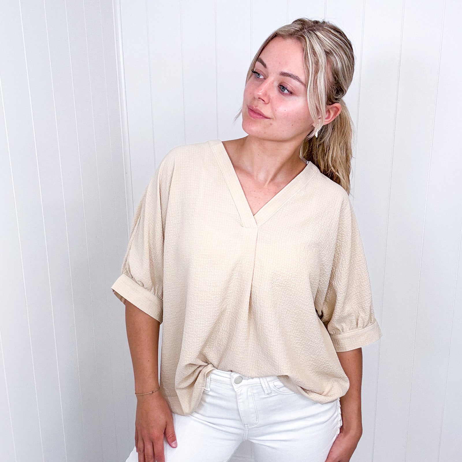 Andree By Unit Up For Anything V-Neck Blouse in Taupe - Boujee Boutique 