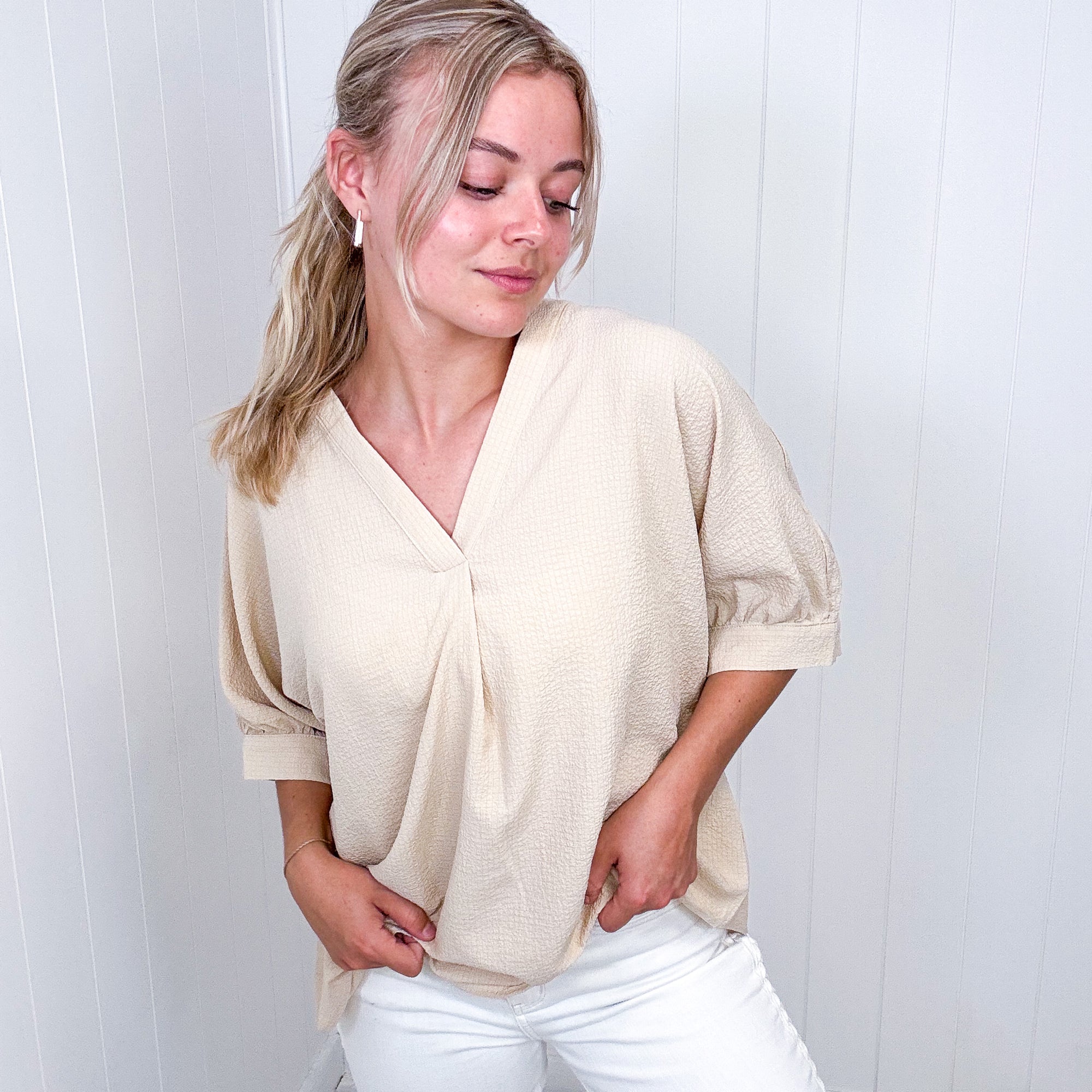 Andree By Unit Up For Anything V-Neck Blouse in Taupe - Boujee Boutique 