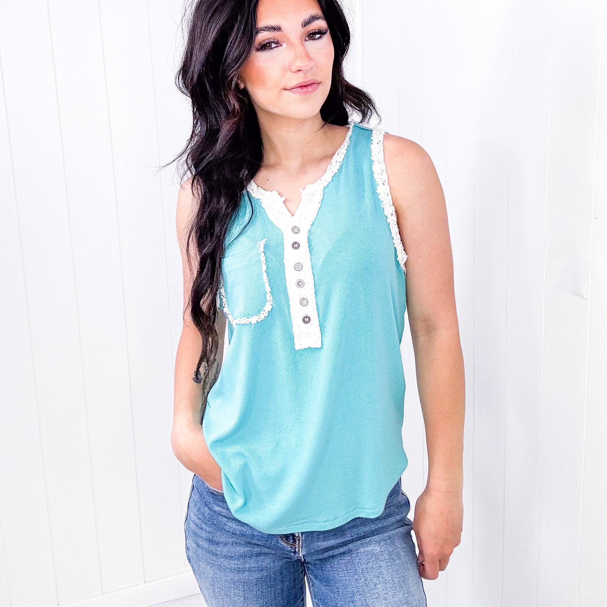 POL Lace Embroidered Trim Ribbed Tank Top in 2 Colors - Boujee Boutique 