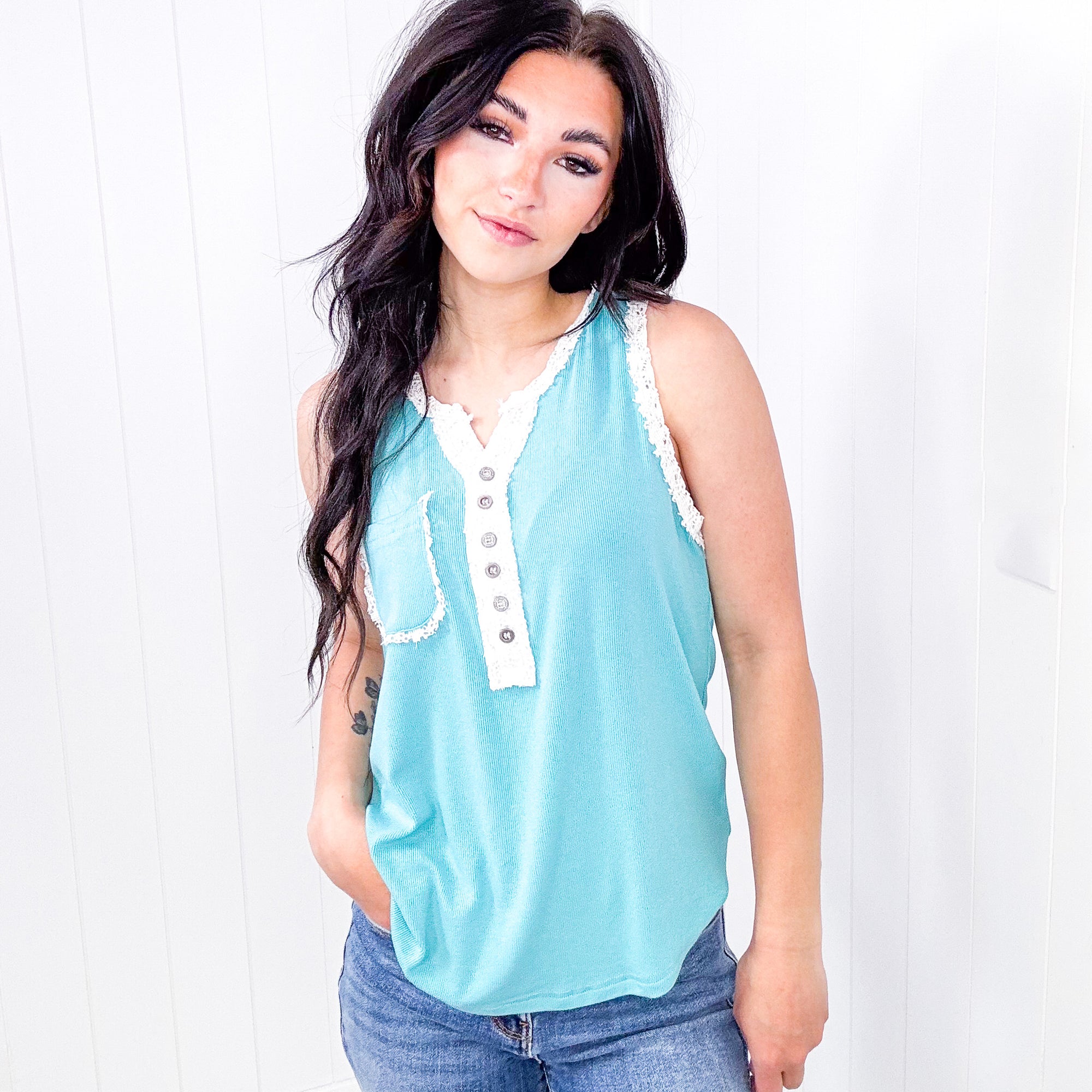 POL Lace Embroidered Trim Ribbed Tank Top in 2 Colors - Boujee Boutique 