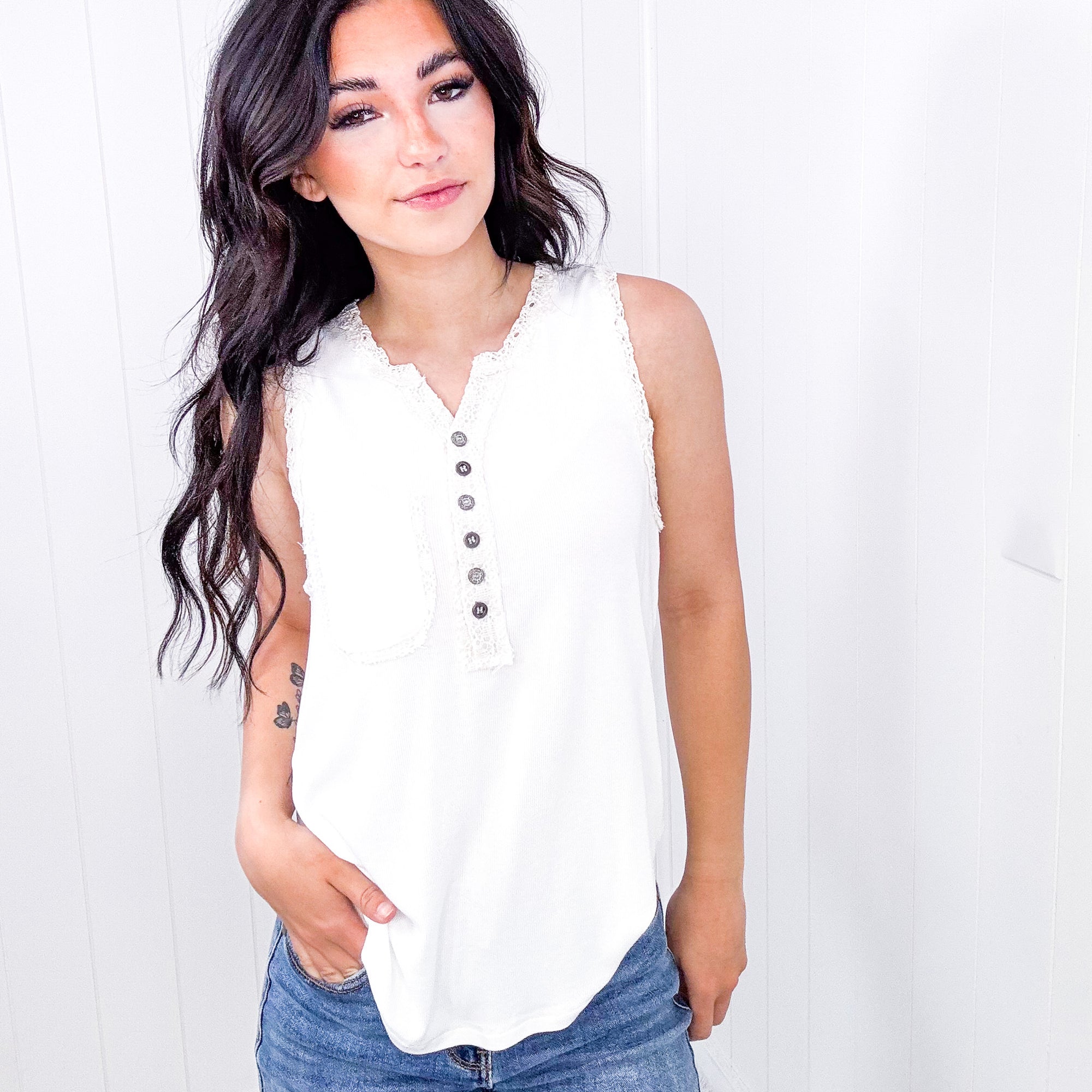 POL Lace Embroidered Trim Ribbed Tank Top in 2 Colors - Boujee Boutique 