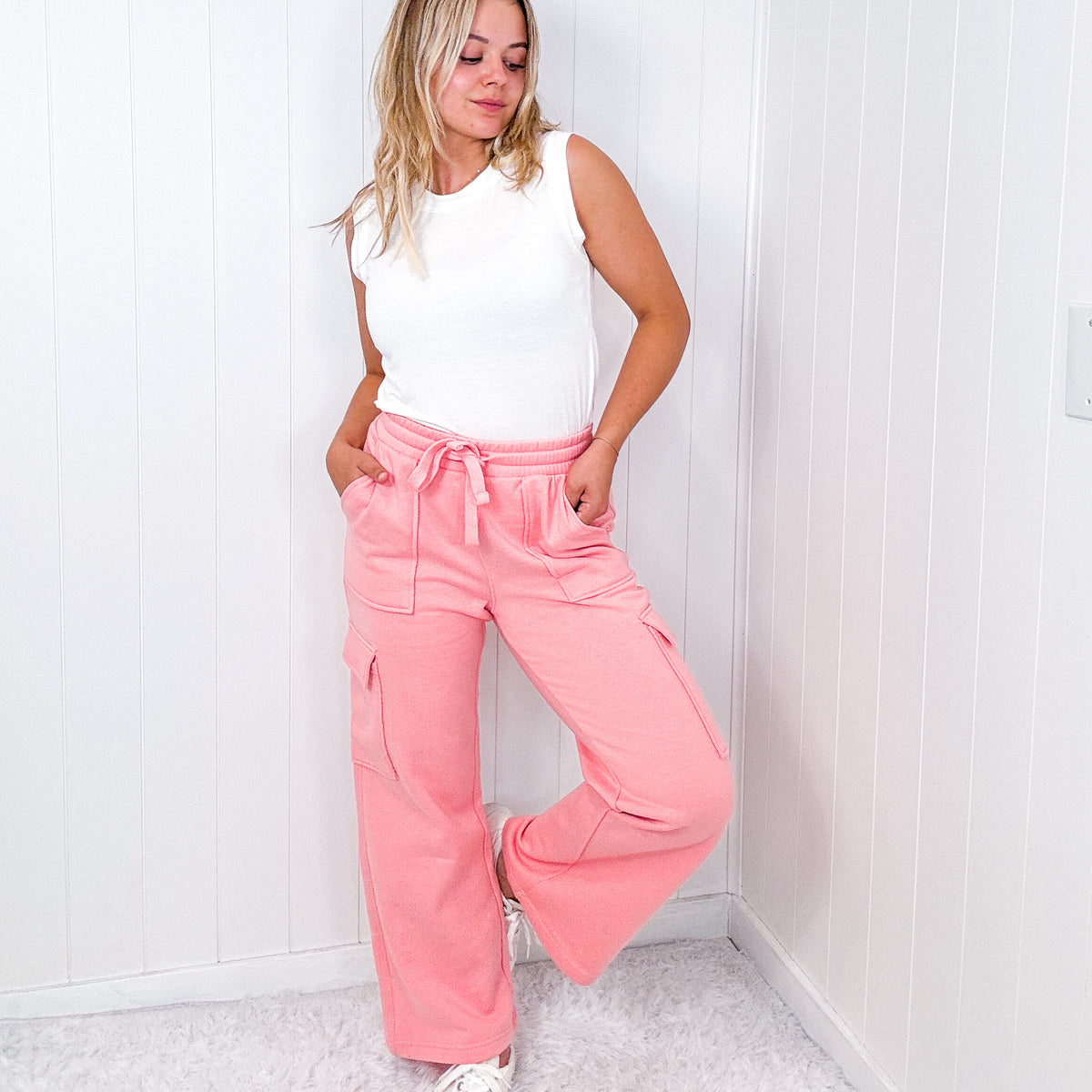 Risen Blush High Waist Wide Leg Cargo Pants - Boujee Boutique 