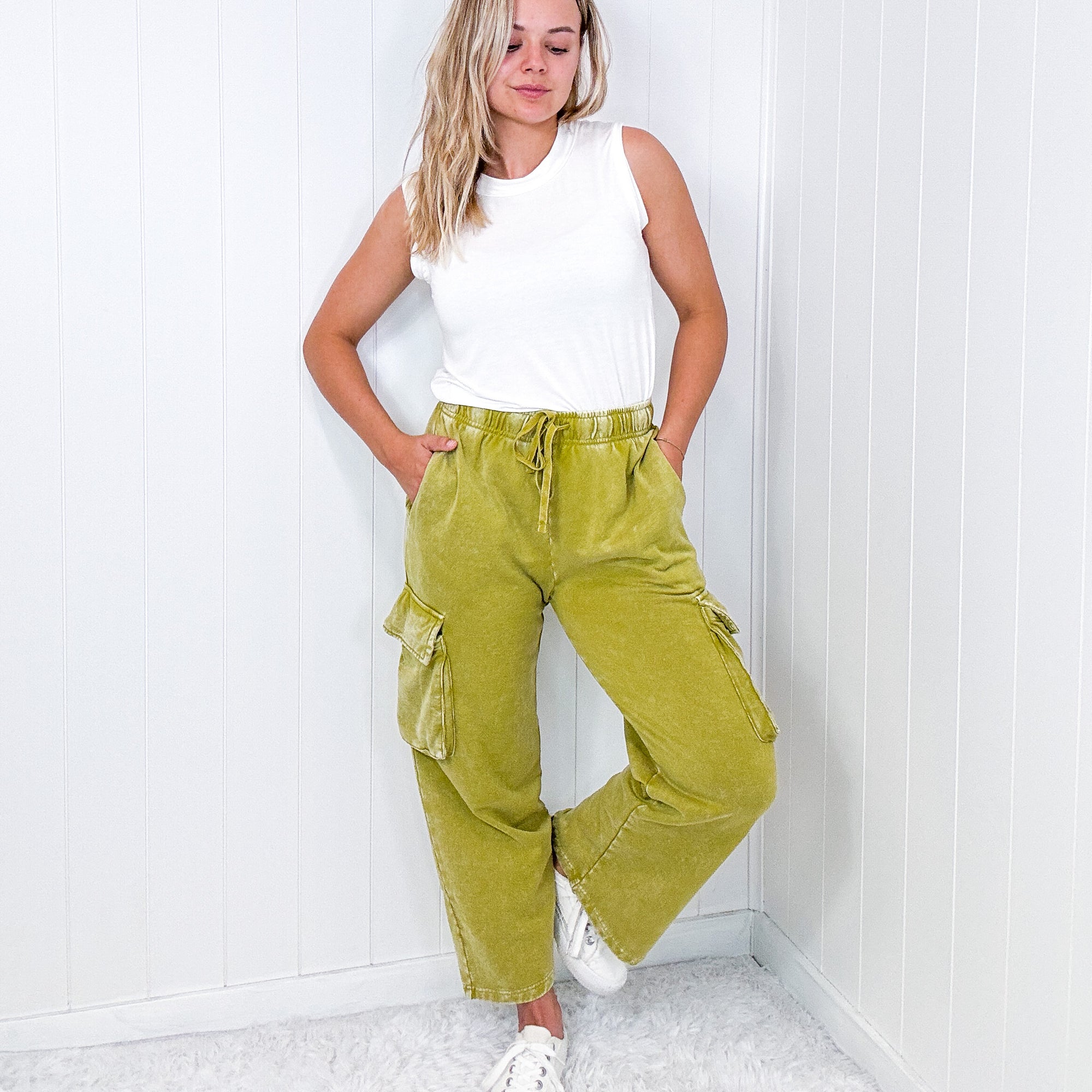 Fun on Fridays Mineral Washed Terry Knit Wide Leg Pull On Cargo Pants in Pistachio - Boujee Boutique 